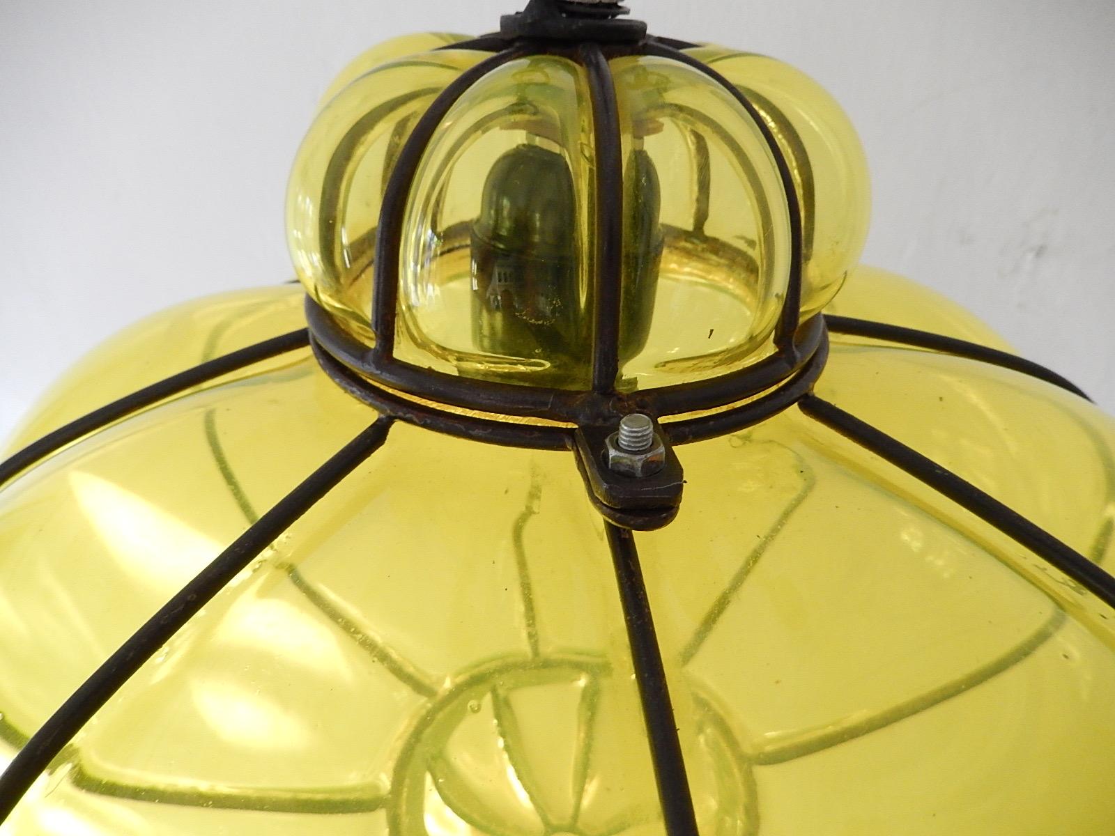 Midcentury Seguso Style Murano Neon Yellow Bubbles Blown Lantern Chandelier 1