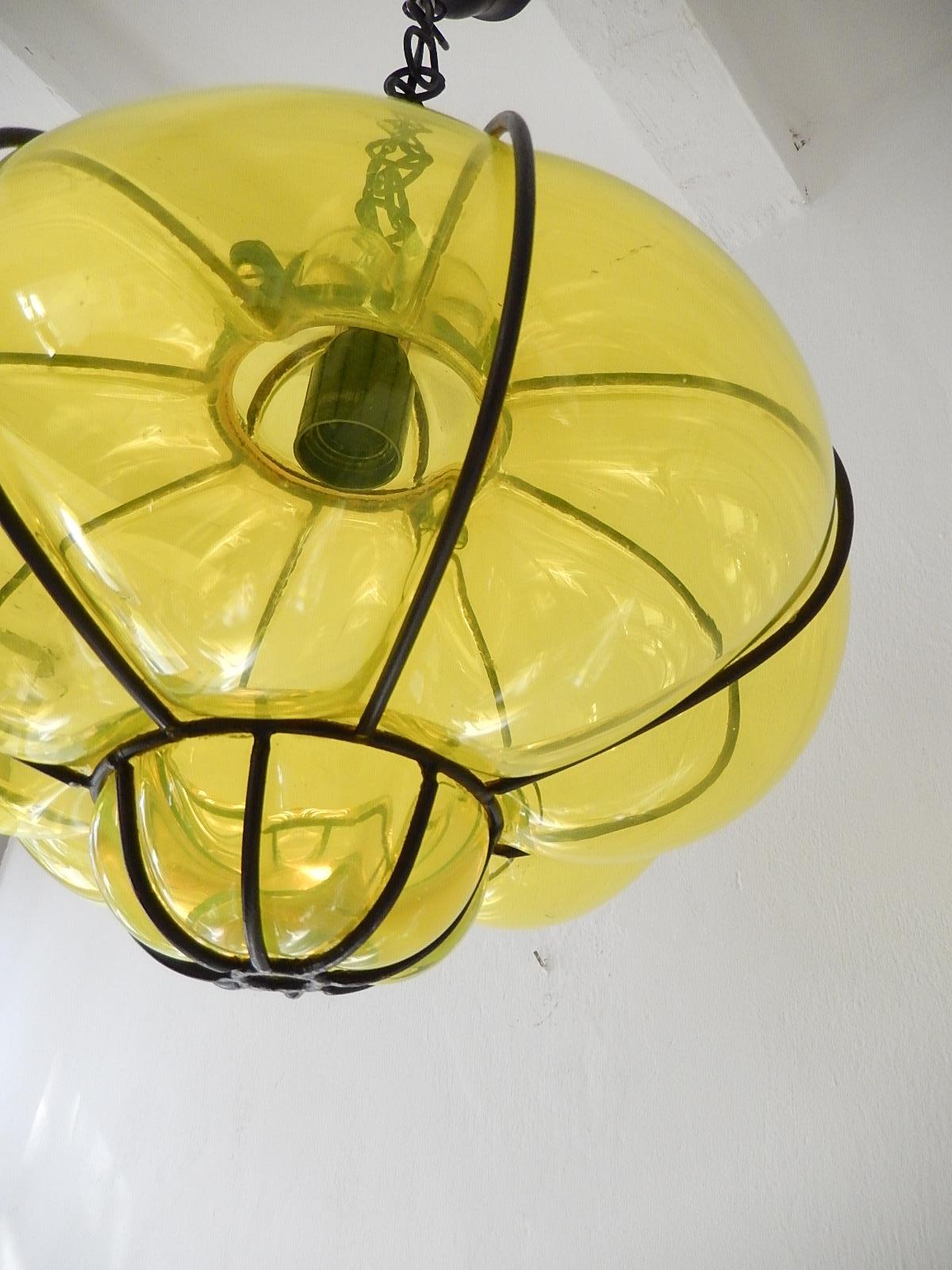 Midcentury Seguso Style Murano Neon Yellow Bubbles Blown Lantern Chandelier 2