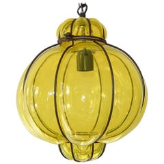 Midcentury Seguso Style Murano Neon Yellow Bubbles Blown Lantern Chandelier