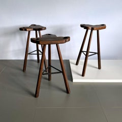Midcentury Sergio Rodrigues Style Marbella Brutalist Oak Bar Stools, 1960, Spain