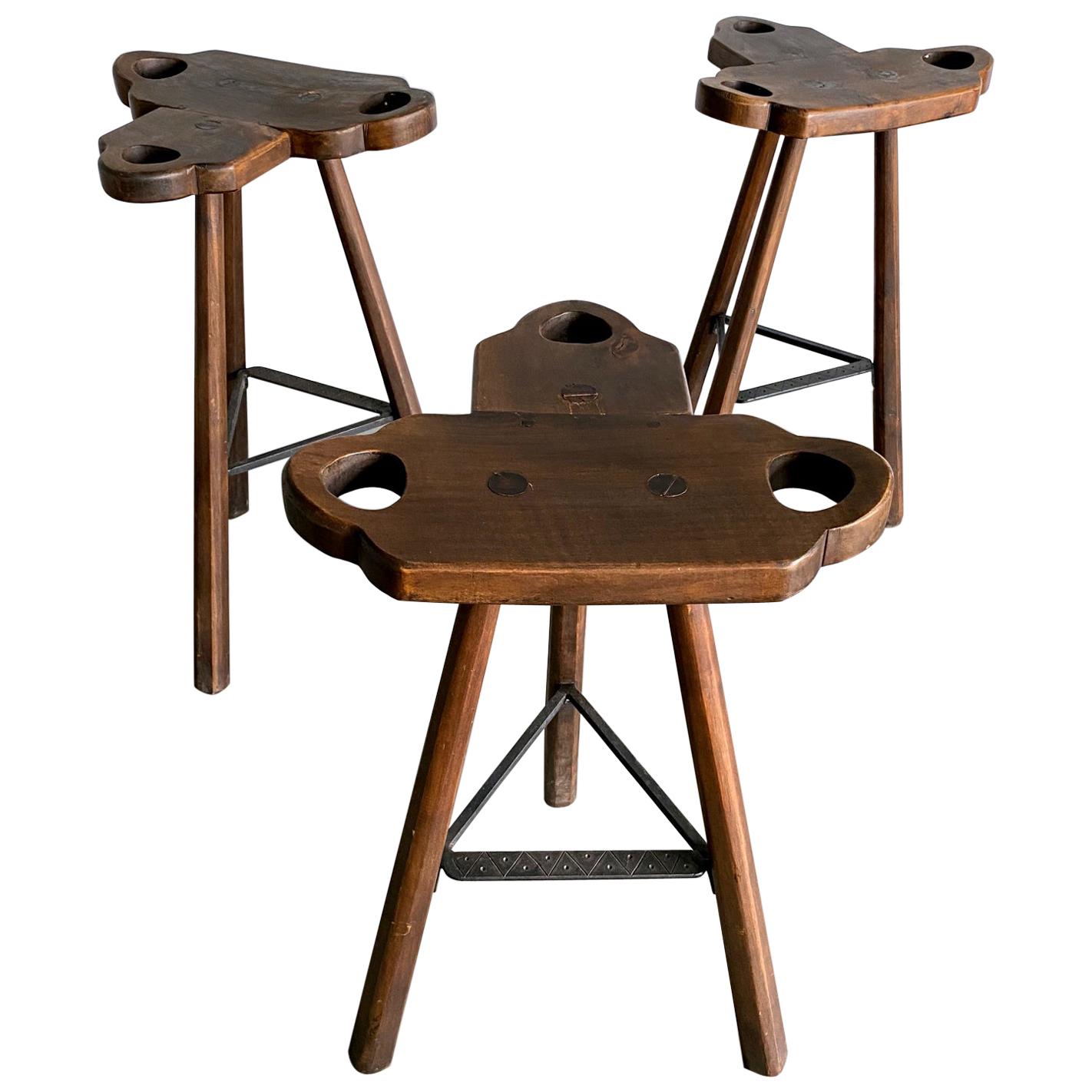 Midcentury Sergio Rodrigues Style Marbella Brutalist Oak Bar Stools, 1960, Spain