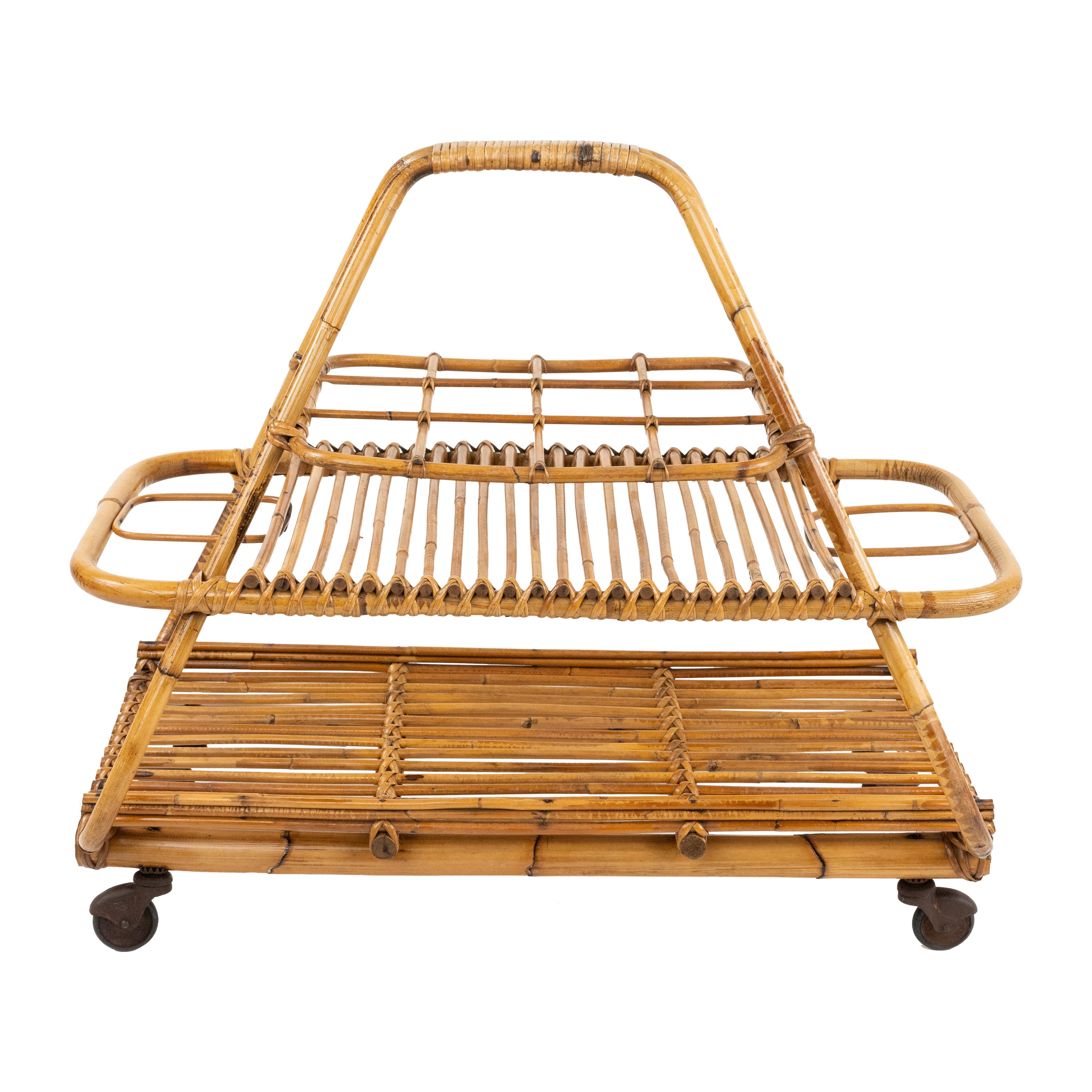 Midcentury Serving Bar Cart with bottle holder in Rattan and Bamboo, Italy 1960s