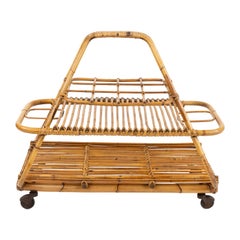 Midcentury Serving Bar Cart with bottle holder in Rattan and Bamboo, Italy 1960s