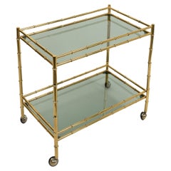 Retro Midcentury Serving Cart Brass and Smoked Glass Maison Baguès Style, Italy 1960s