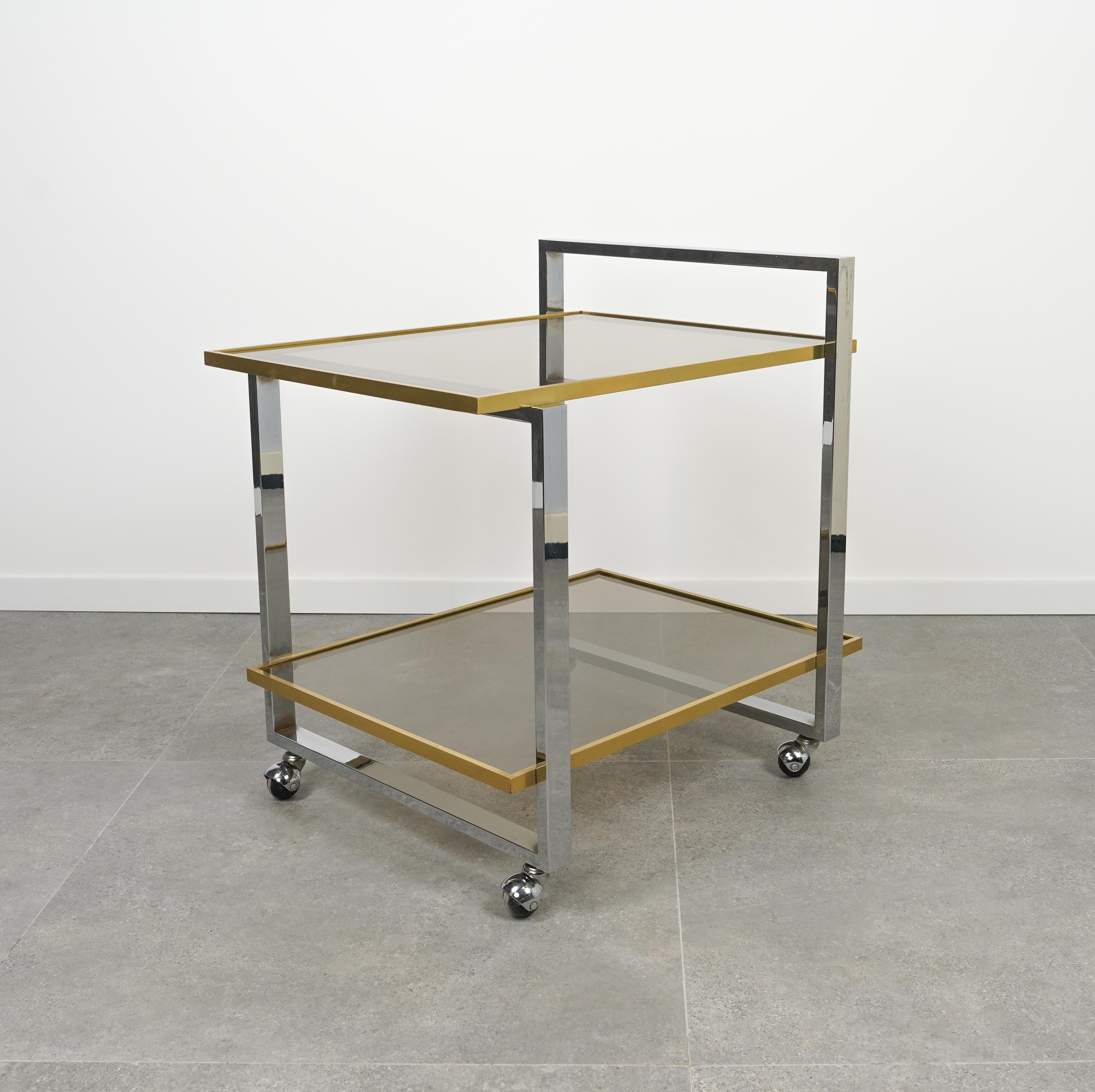 Late 20th Century Midcentury Serving Cart in Chrome, Brass and Glass by Romeo Rega, Italy 1970s For Sale