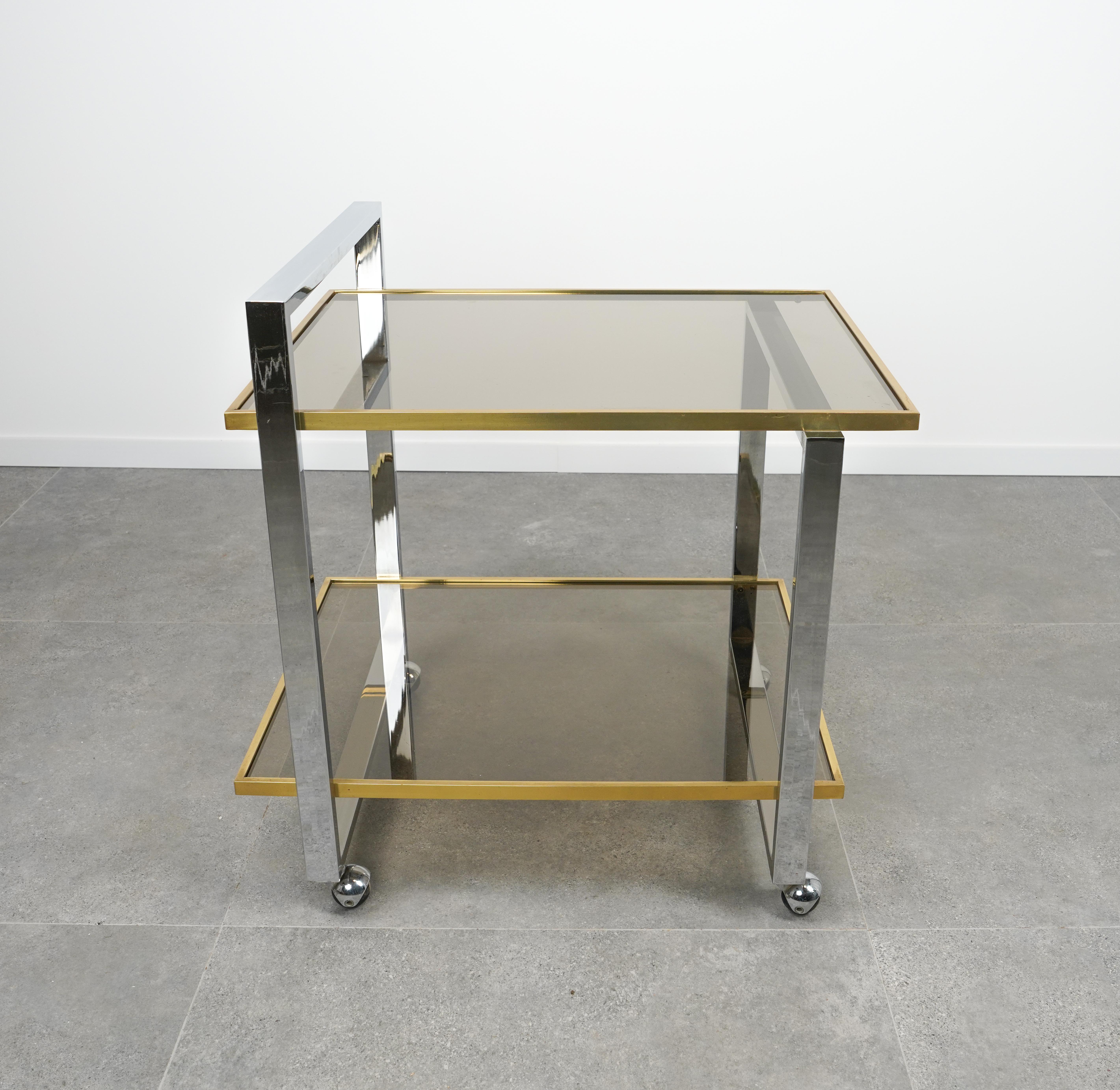 Midcentury Serving Cart in Chrome, Brass and Glass by Romeo Rega, Italy 1970s For Sale 2