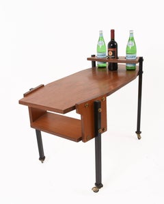 Midcentury Serving Cart with Teak and Enameled Metal Bottle Holder, Bar Cart