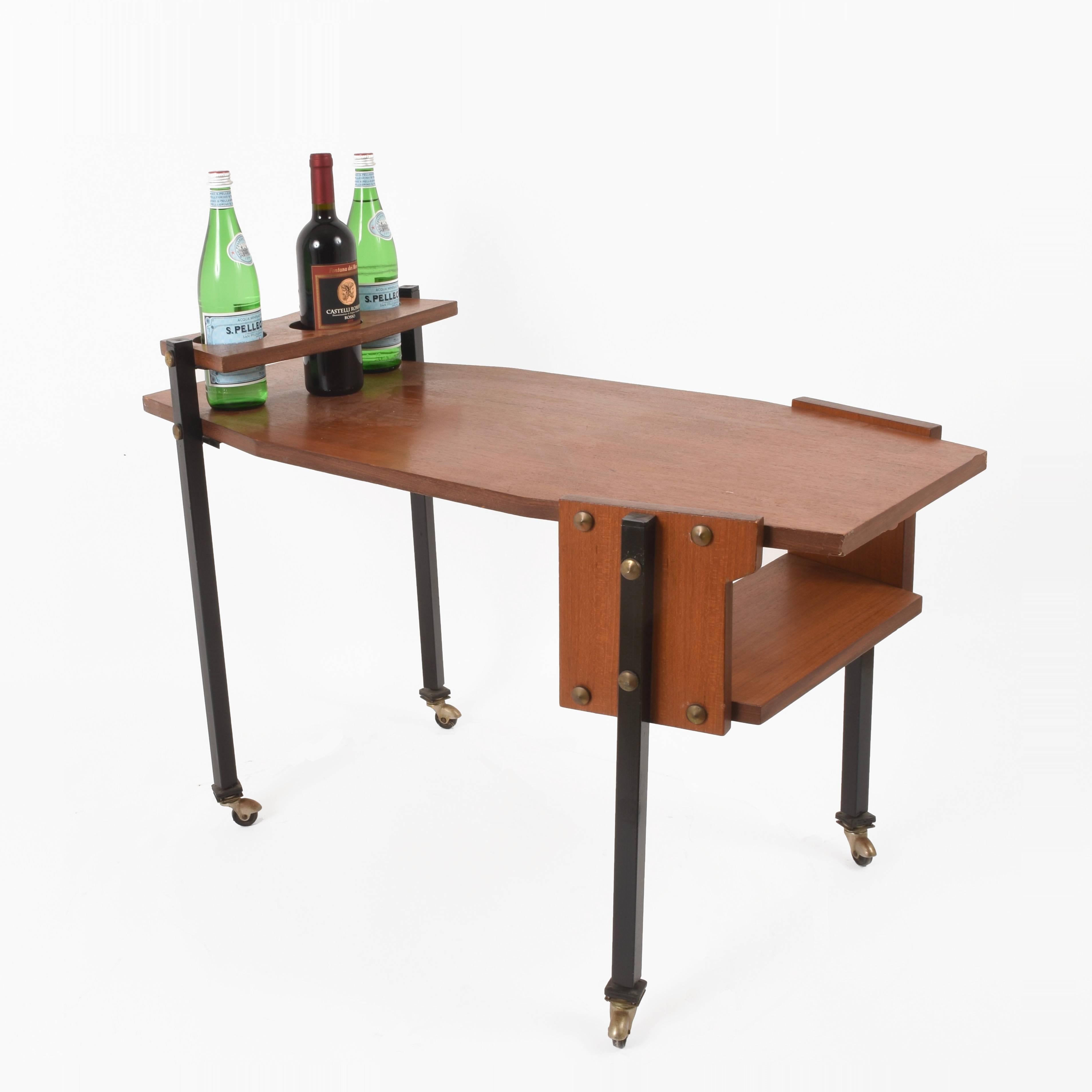 Mid-Century Modern Midcentury Serving Cart with Teak and Enameled Metal Bottle Holder, Bar Cart