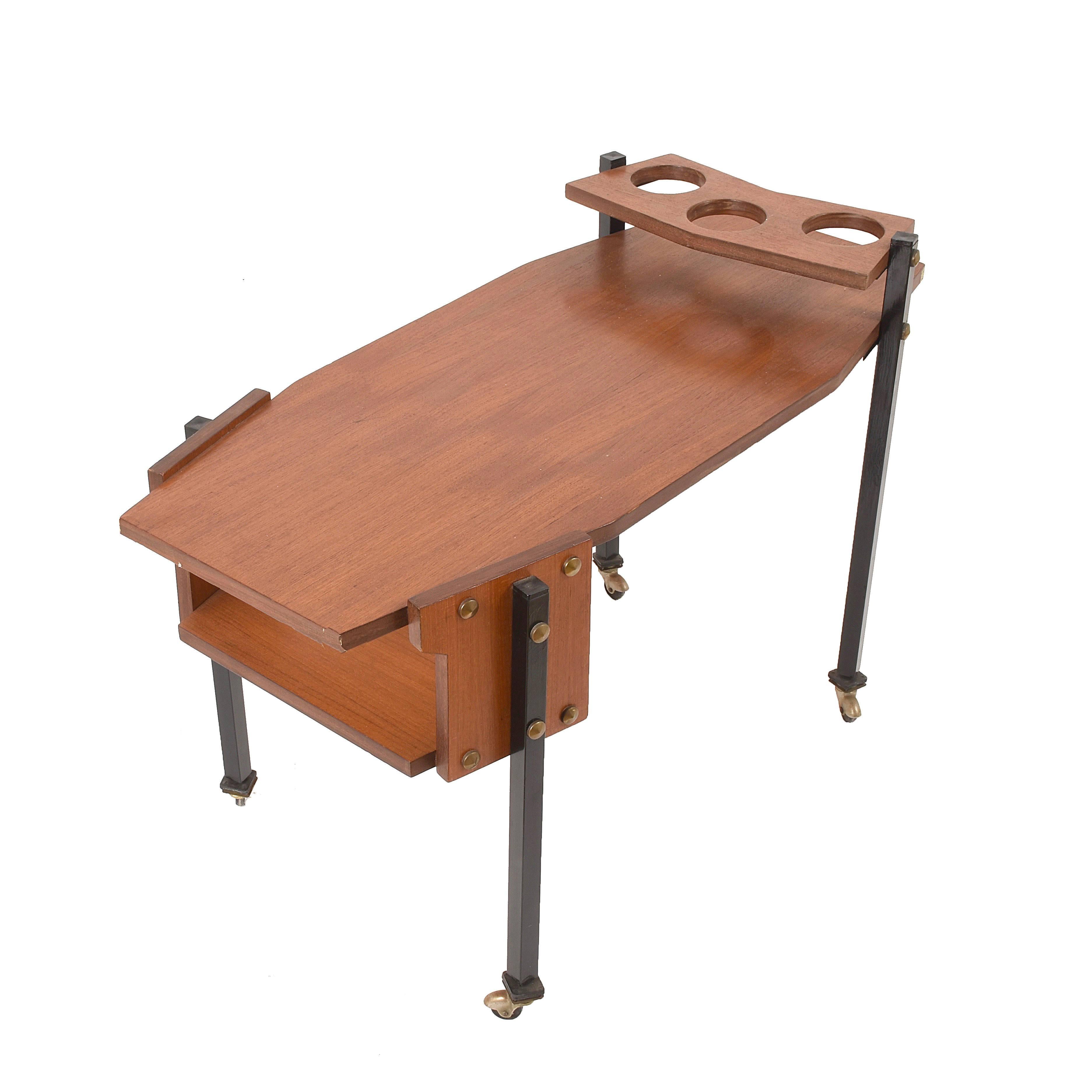 Mid-20th Century Midcentury Serving Cart with Teak and Enameled Metal Bottle Holder, Bar Cart