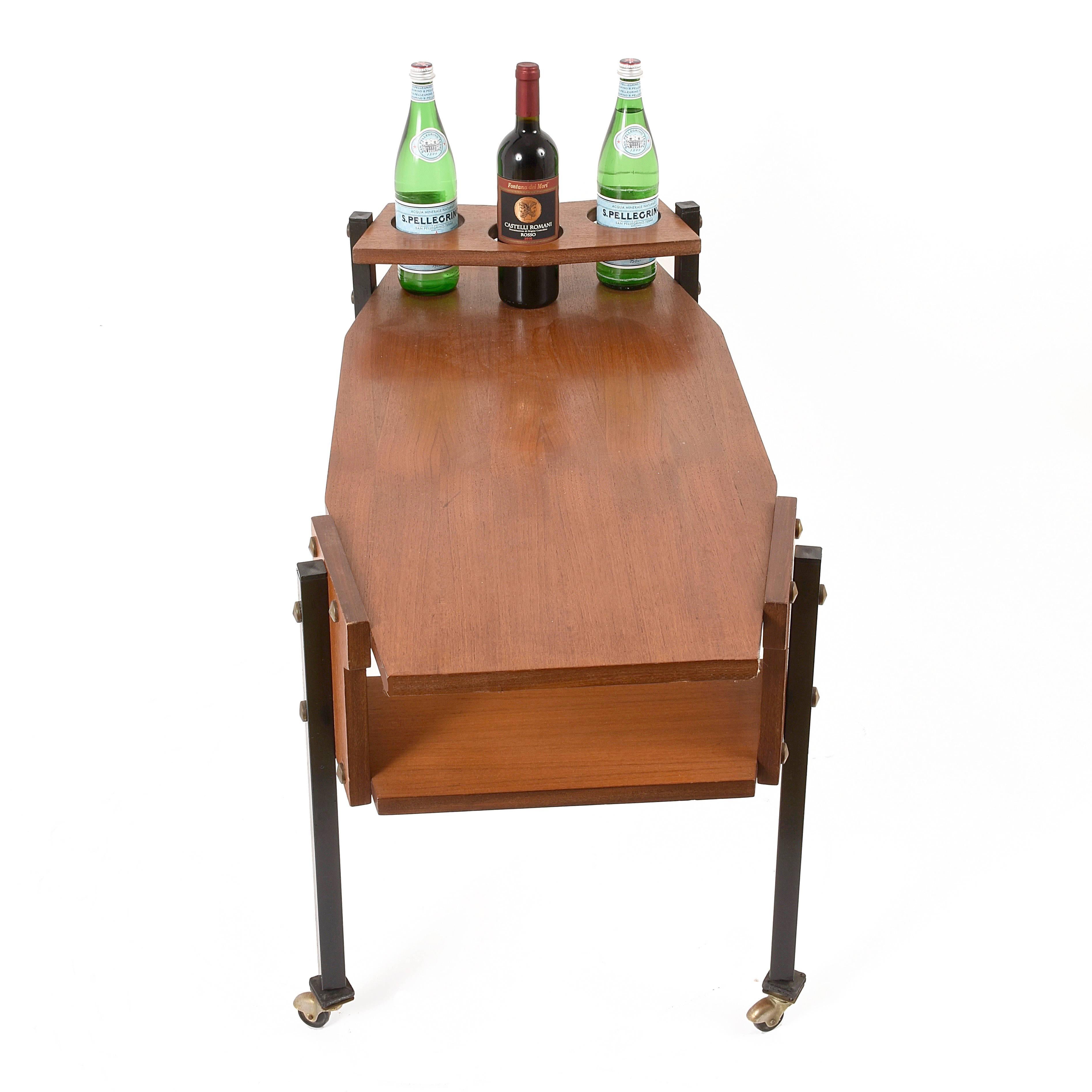 Midcentury Serving Cart with Teak and Enameled Metal Bottle Holder, Bar Cart 1