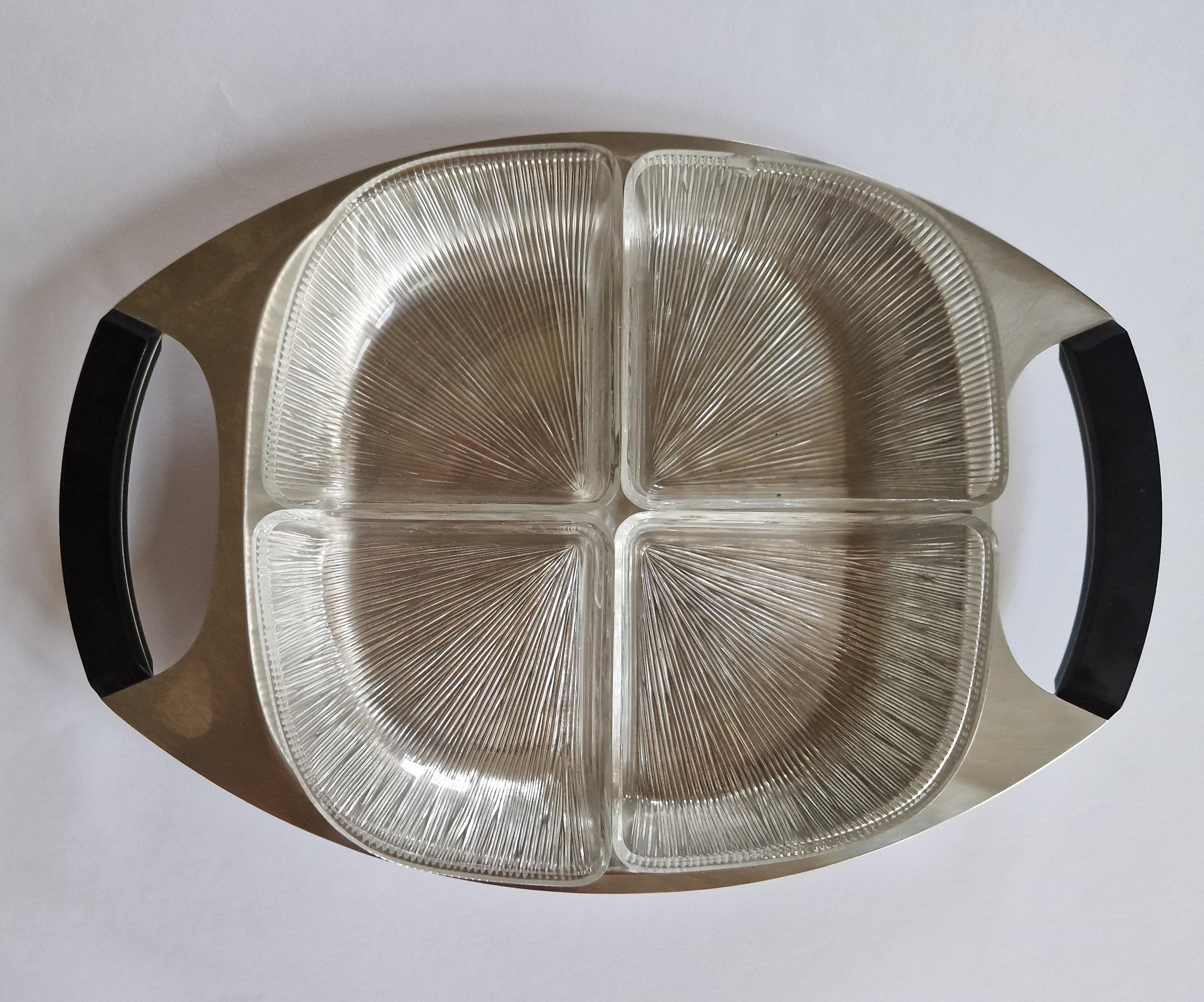 Midcentury Serving Plate Stainless Steel and Glass Cromargan, Germany, 1970s In Good Condition For Sale In Praha, CZ
