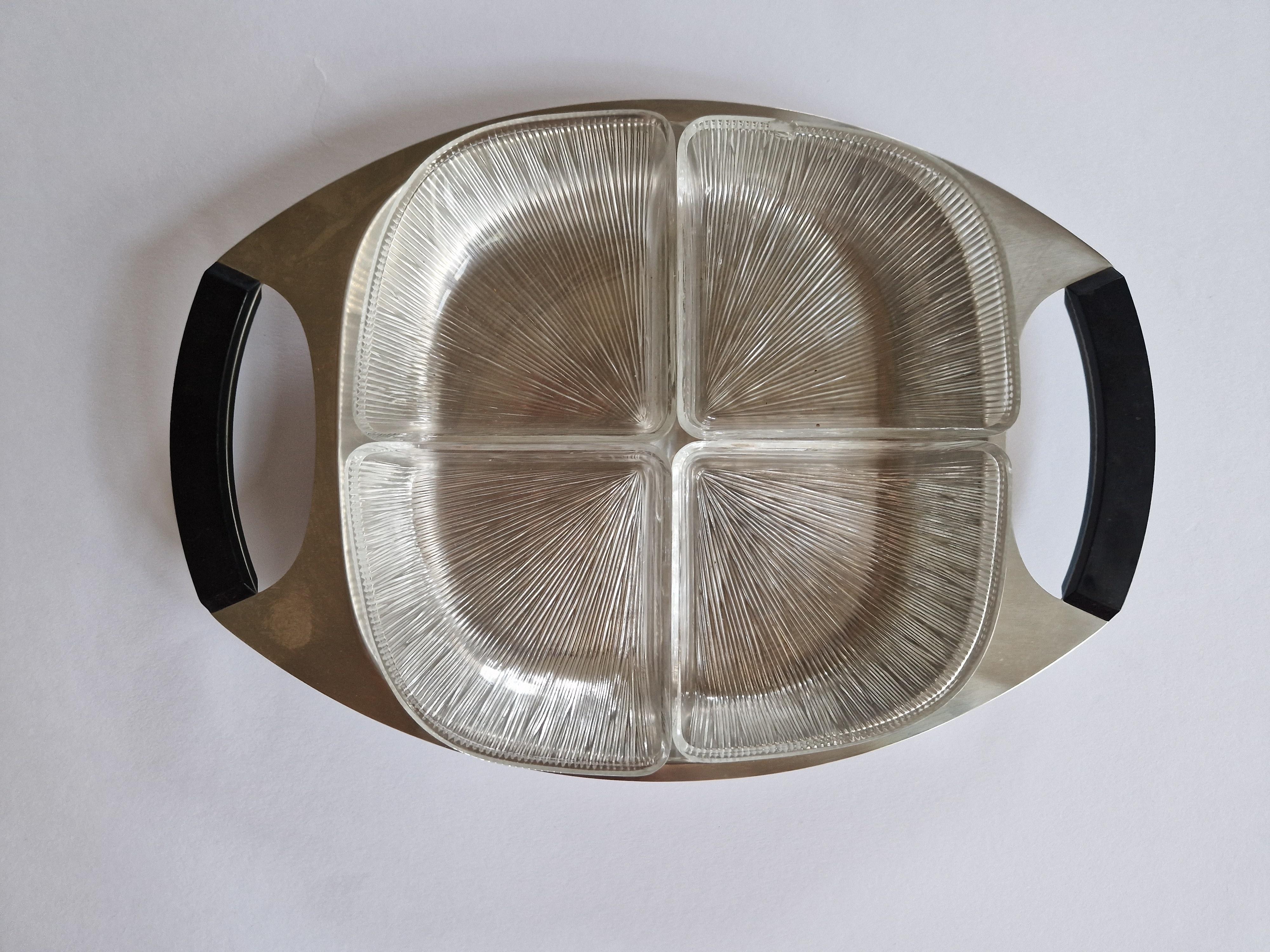 Late 20th Century Midcentury Serving Plate Stainless Steel and Glass Cromargan, Germany, 1970s For Sale