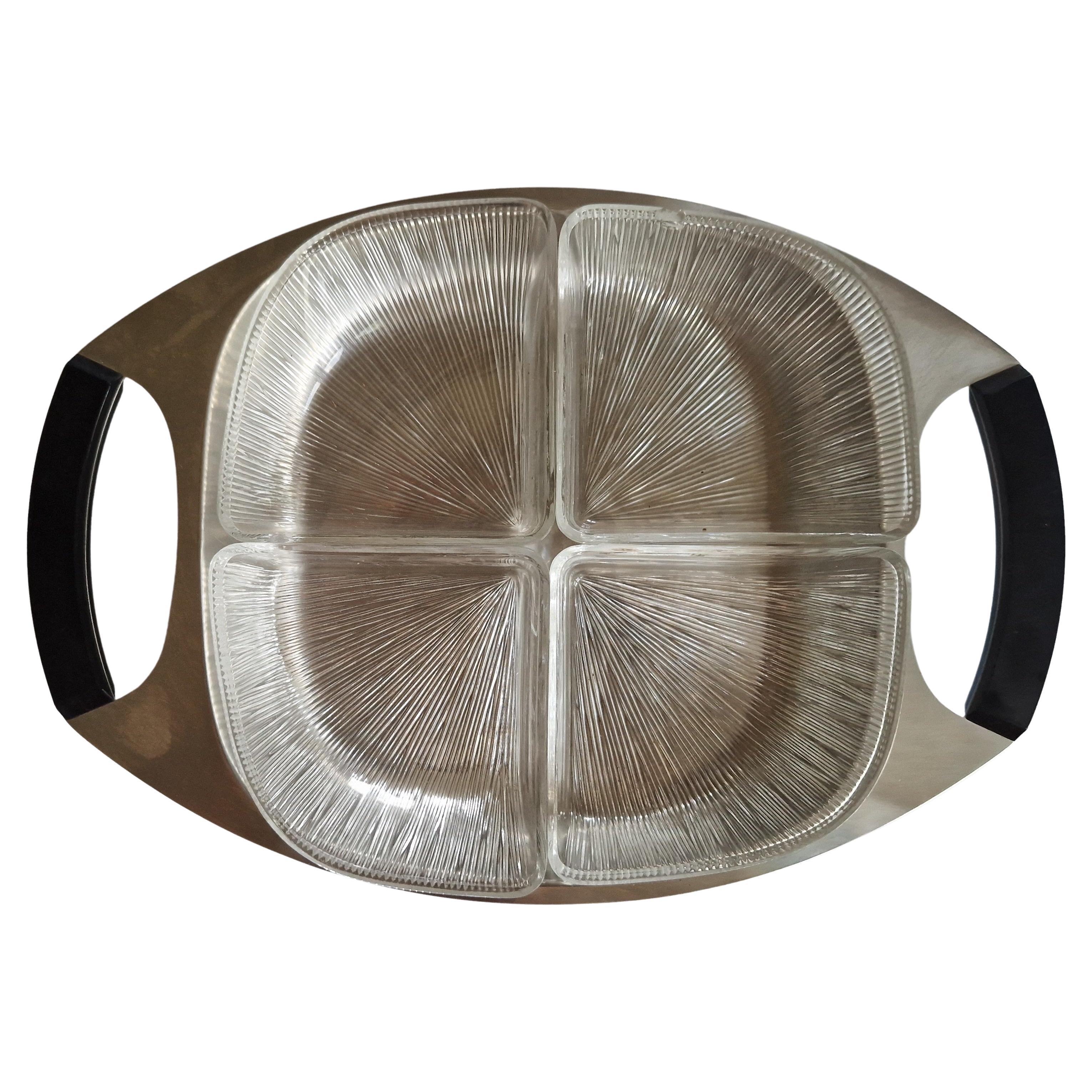 Midcentury Serving Plate Stainless Steel and Glass Cromargan, Germany, 1970s For Sale