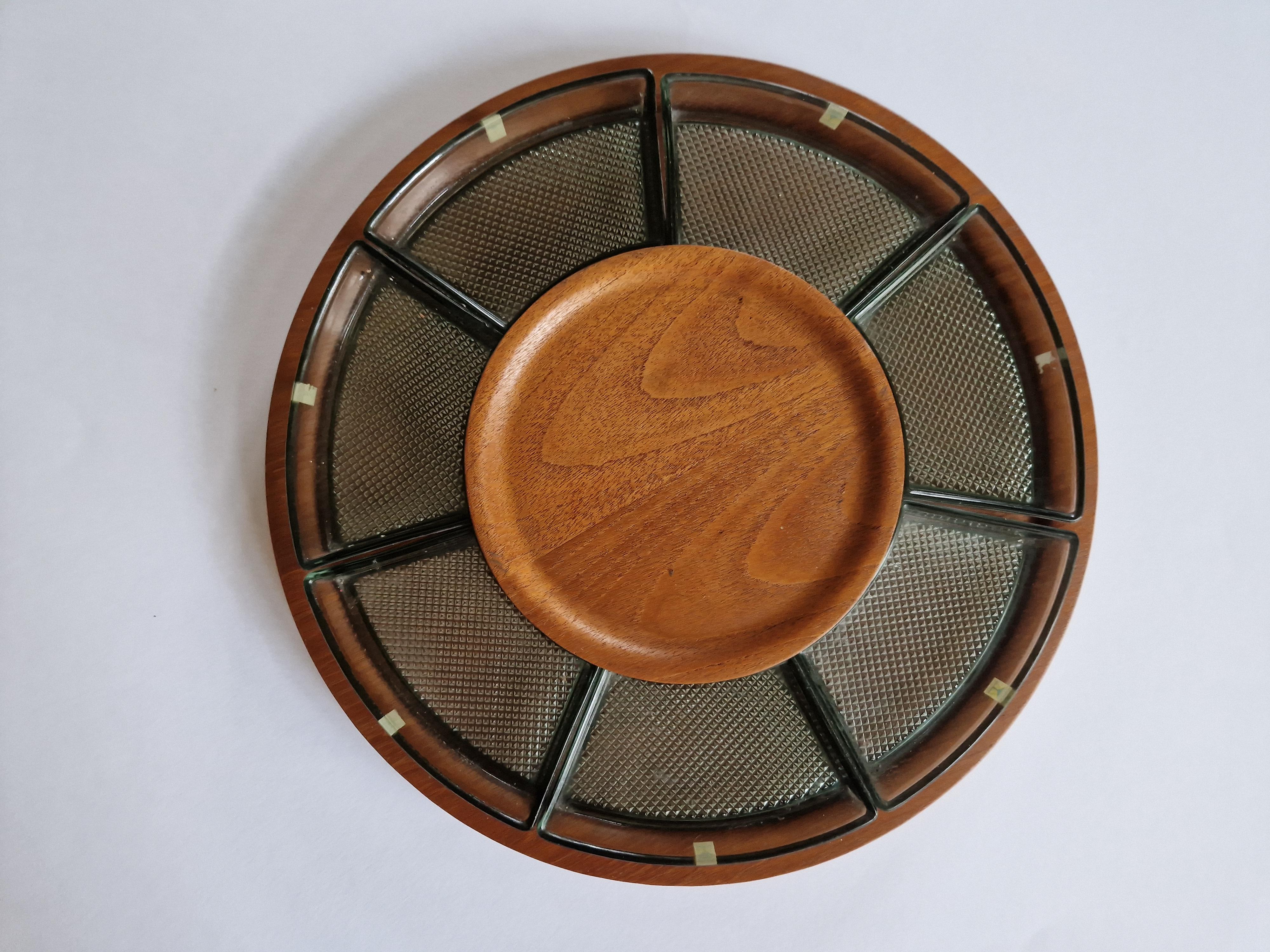 Mid-Century Modern Midcentury Serving Teak and Glass Plate, Sweden, 1970s. For Sale