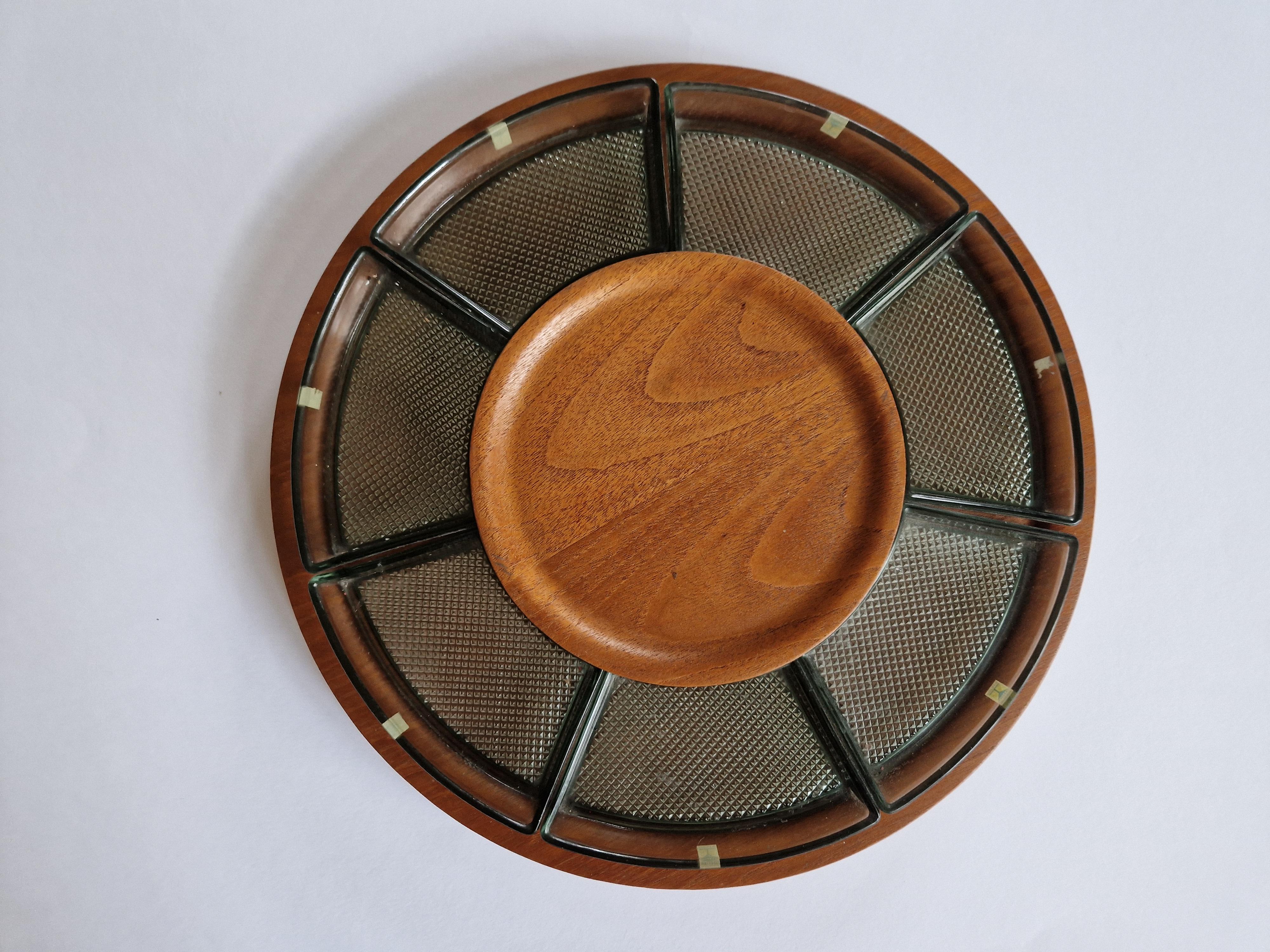 Swedish Midcentury Serving Teak and Glass Plate, Sweden, 1970s. For Sale