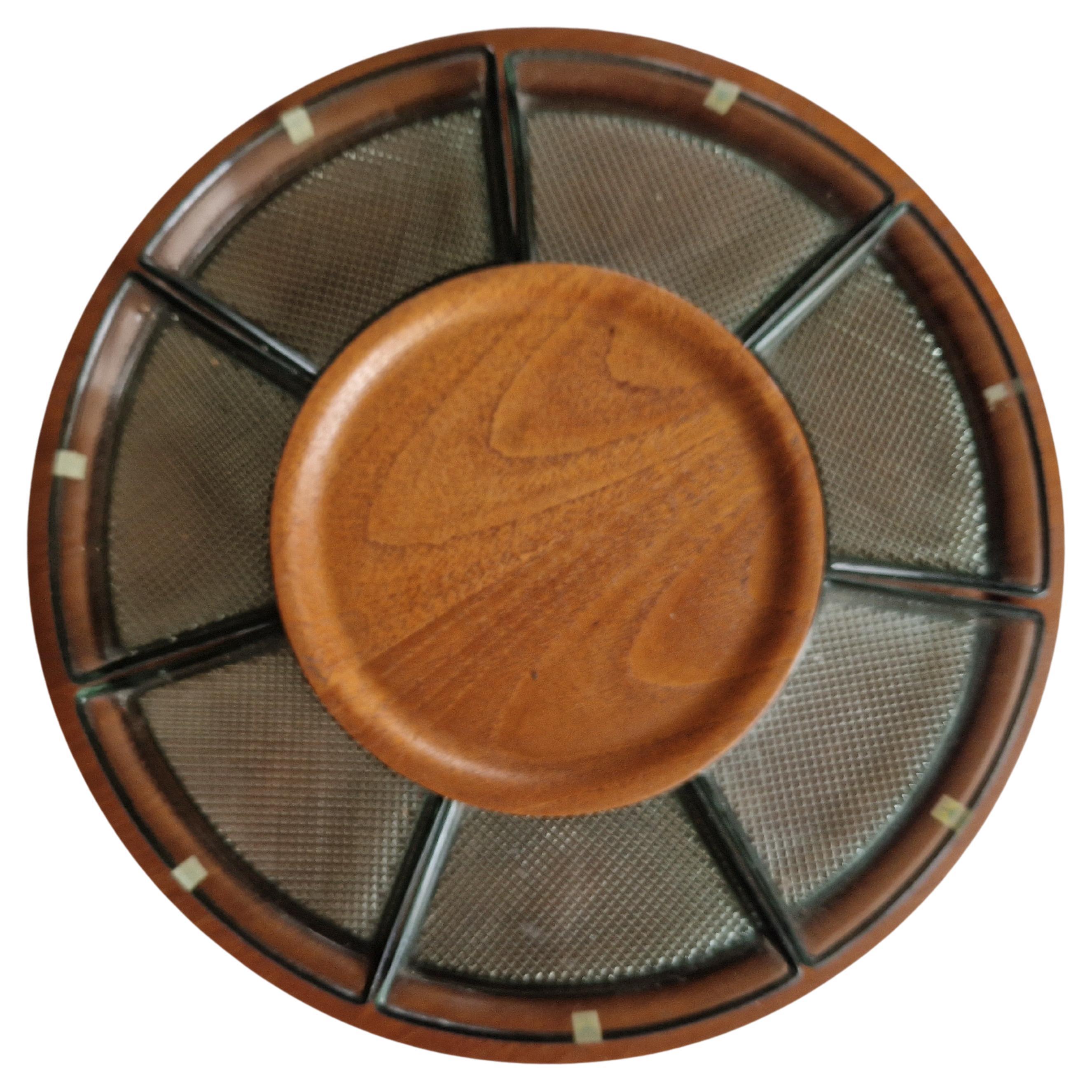 Midcentury Serving Teak and Glass Plate, Sweden, 1970s. For Sale