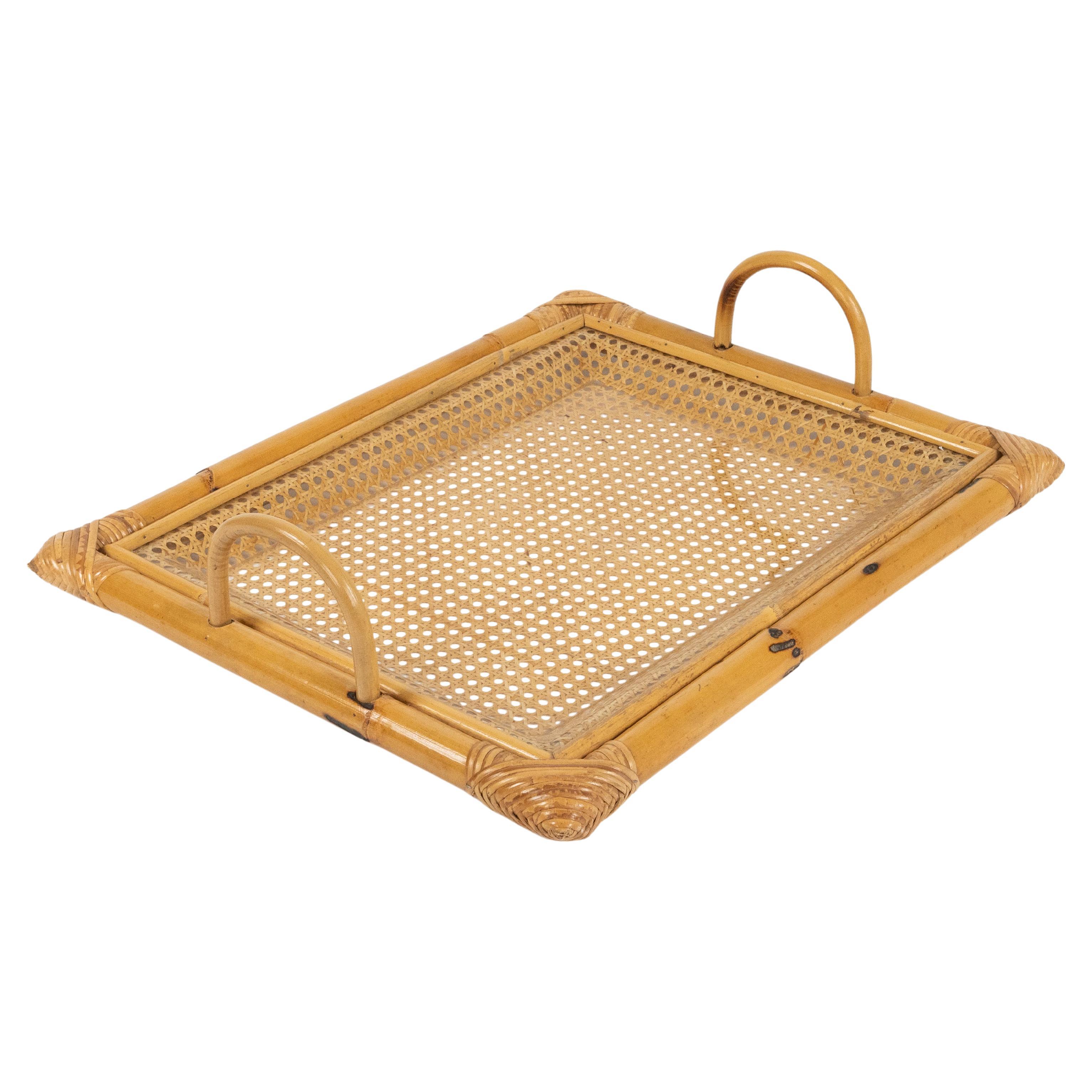 Midcentury Serving Tray Bamboo, Rattan and Lucite Dior Home Style, Italy 1970s