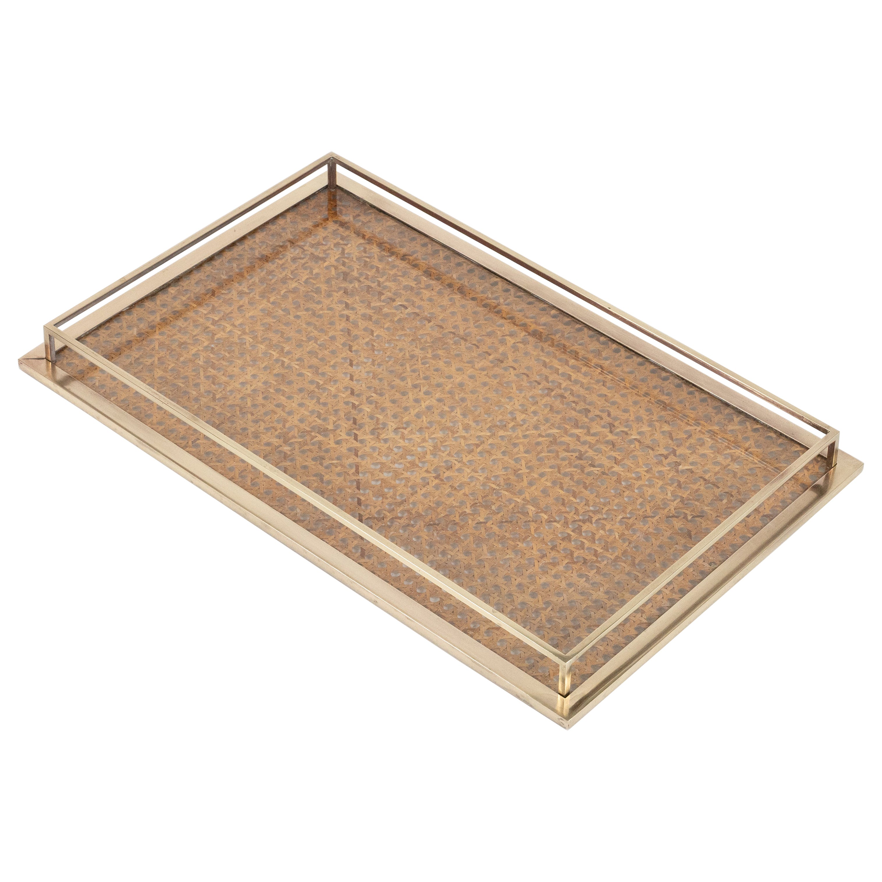 Midcentury Serving Tray Lucite, Rattan and Brass Dior Home Style, Italy 1970s