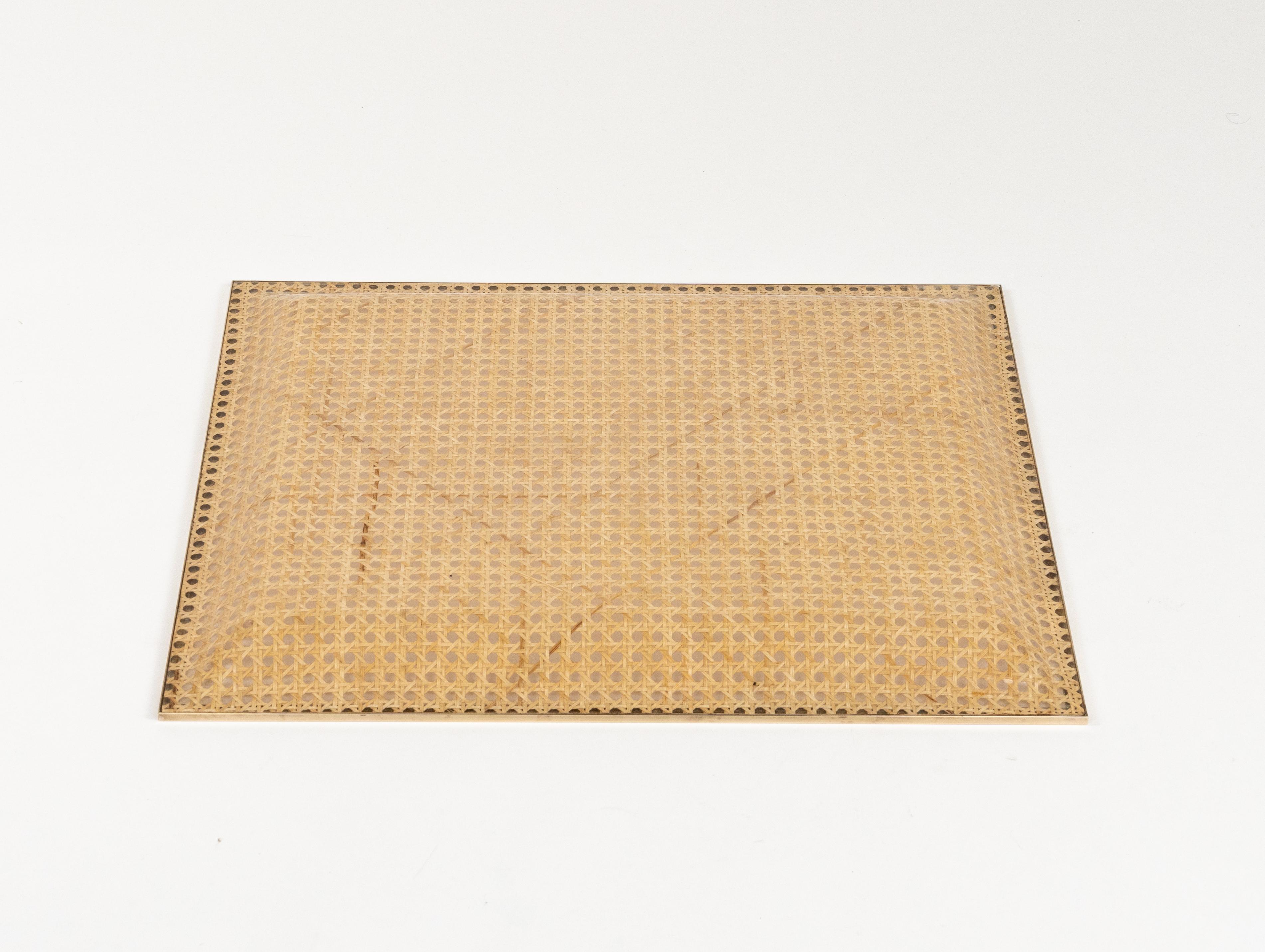 Midcentury Serving Tray Lucite, Rattan & Brass Christian Dior Style, Italy 1970 For Sale 4
