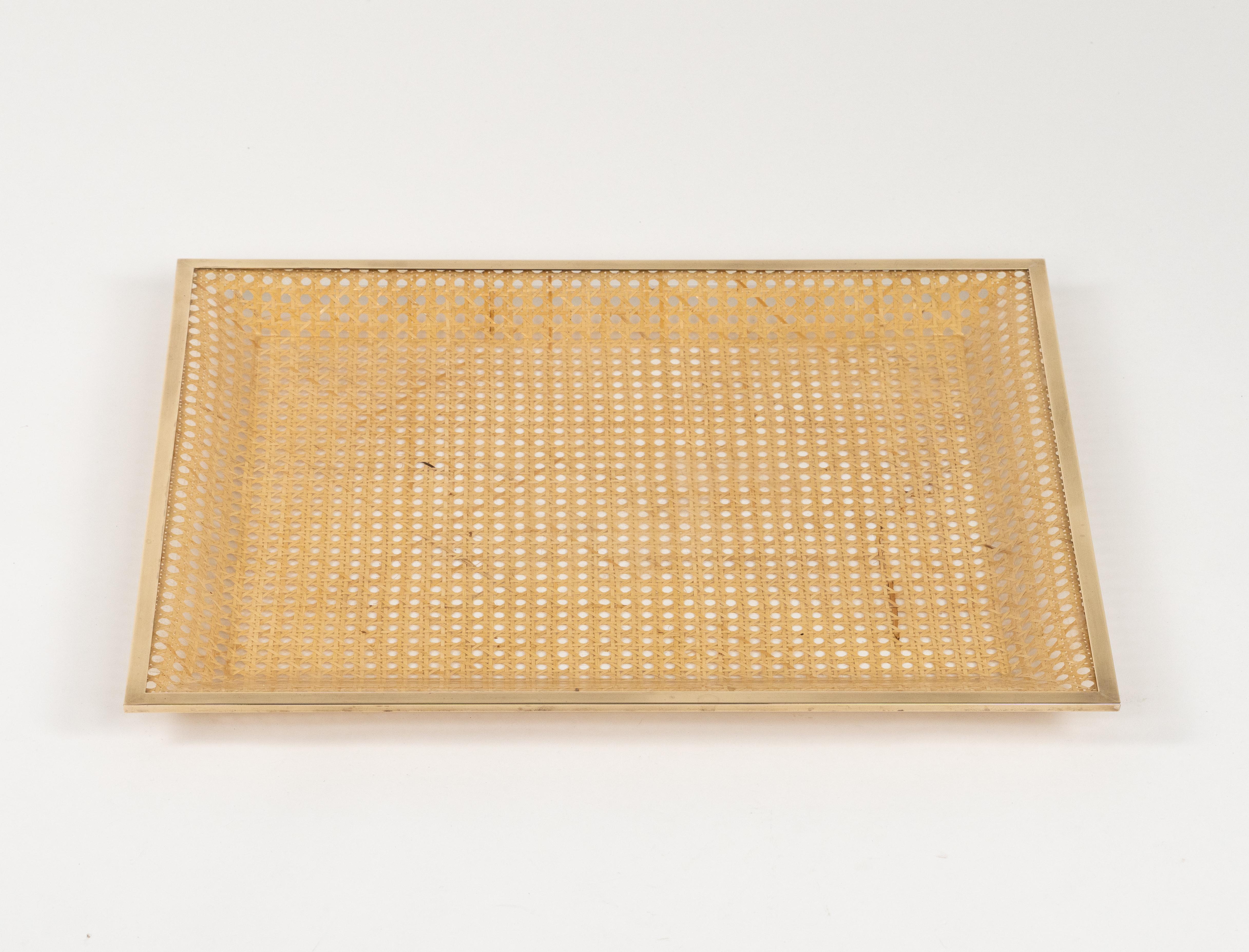 Mid-Century Modern Midcentury Serving Tray Lucite, Rattan & Brass Christian Dior Style, Italy 1970 For Sale