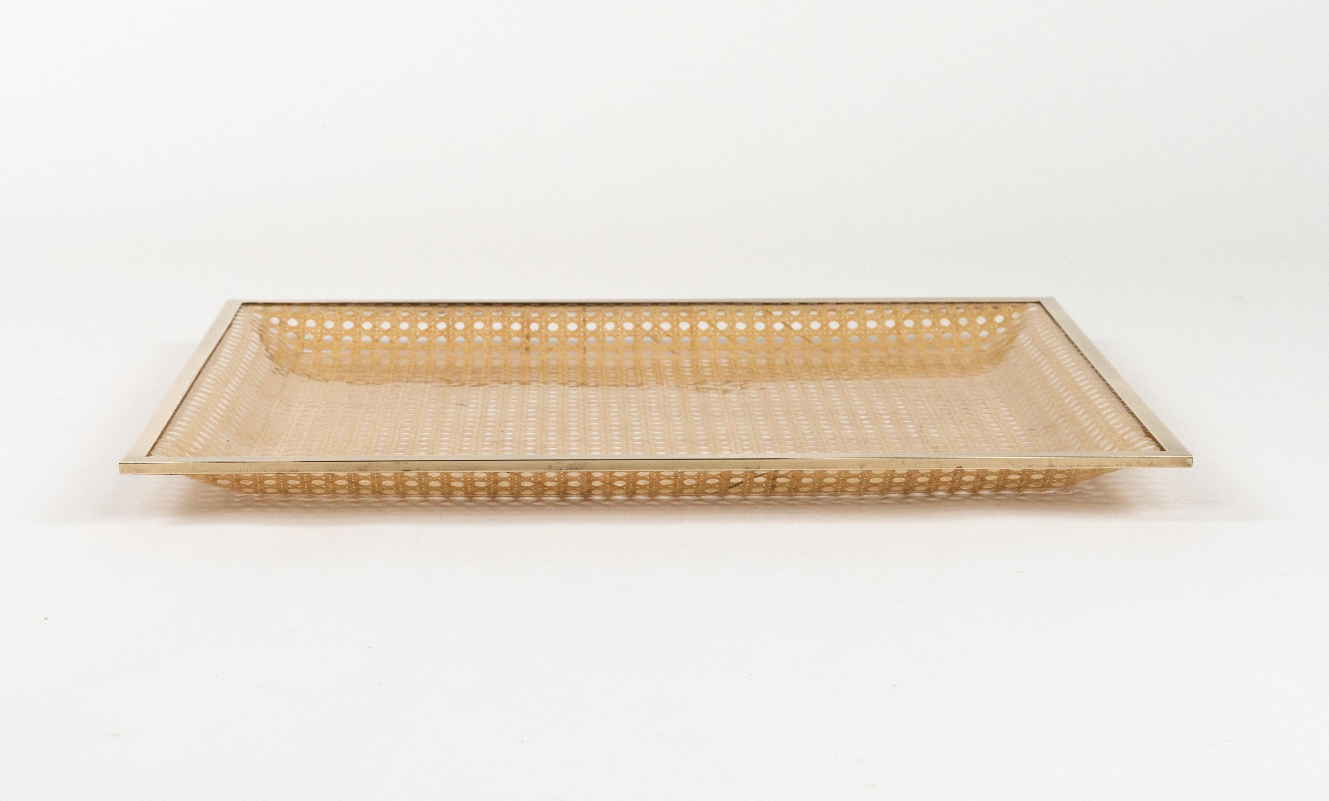 Metal Midcentury Serving Tray Lucite, Rattan & Brass Christian Dior Style, Italy 1970 For Sale