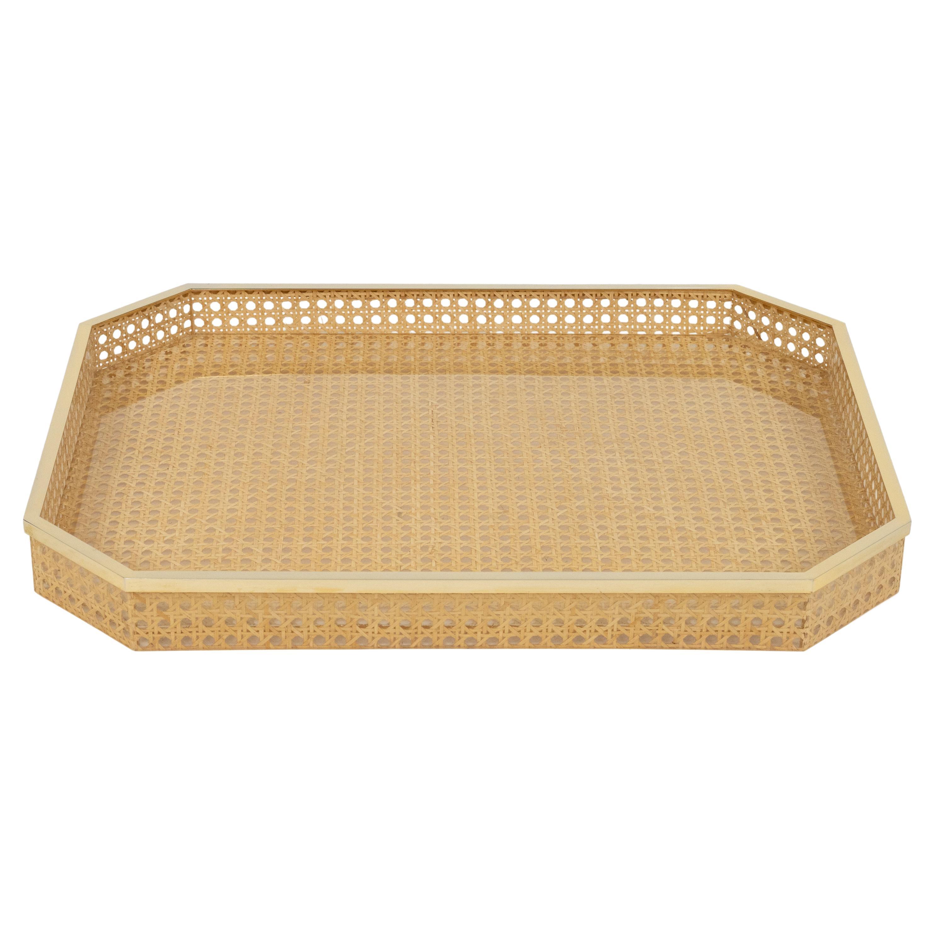 Midcentury Serviertablett Lucite, Rattan 
Messing Christian Dior Stil, Italien 1970er