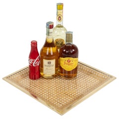 Midcentury Serving Tray Lucite, Rattan & Brass Dior Home Style, Italy 1970s