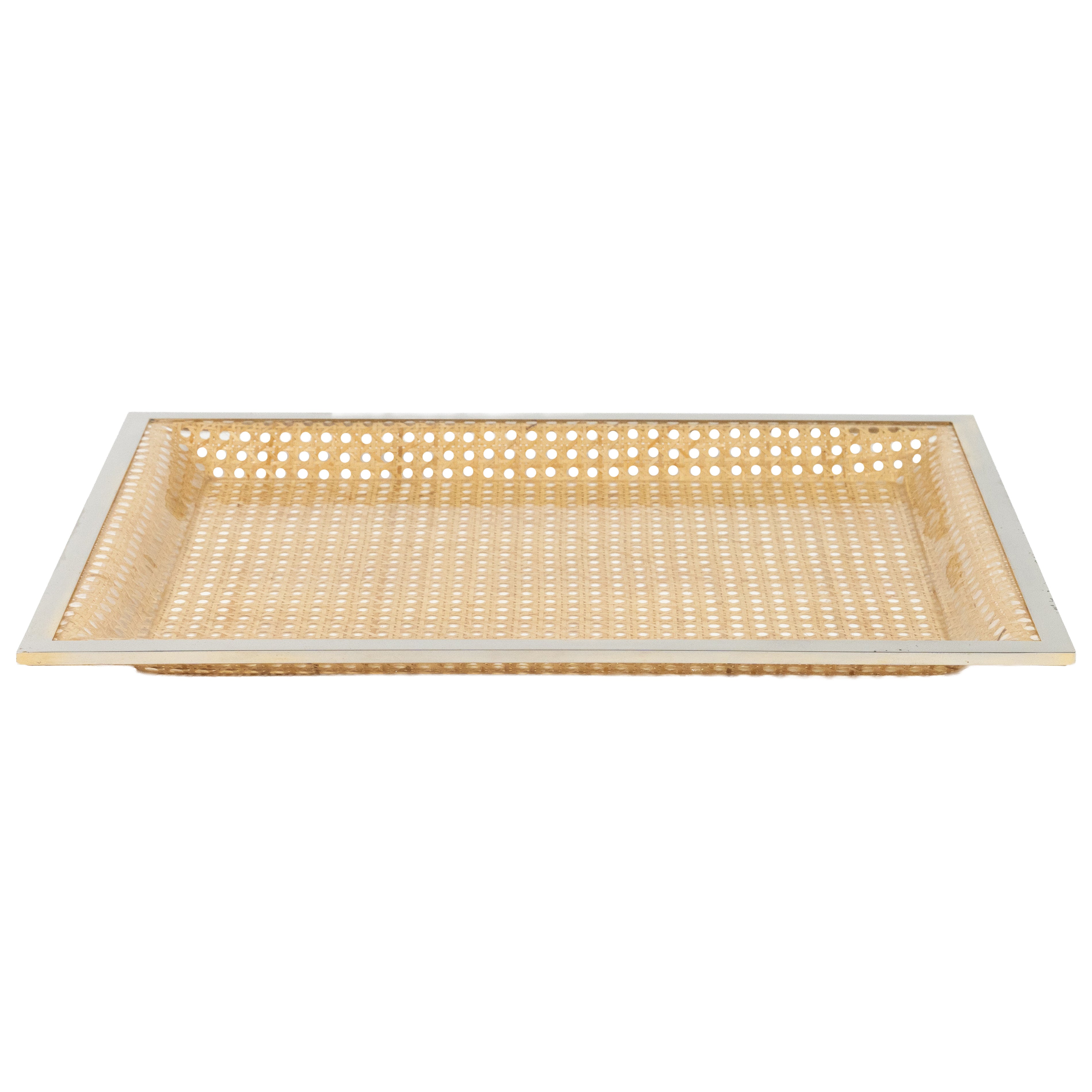 Midcentury Serving Tray Lucite, Rattan & Chrome Dior Home Style, Italy 1970s