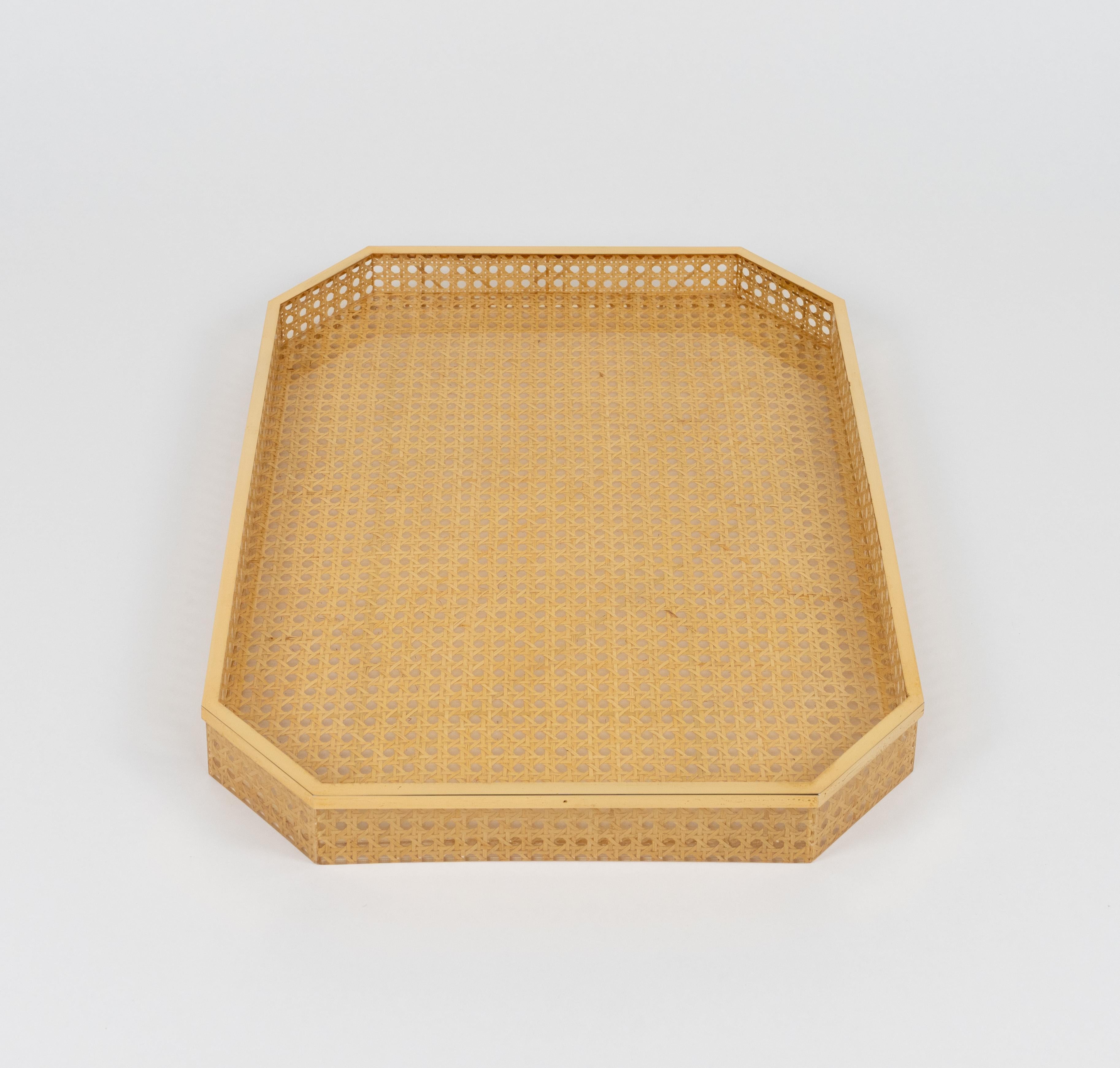 Plateau de service du milieu du siècle dernier, osier et laiton, style Christian Dior, Italie, années 1970 en vente 7