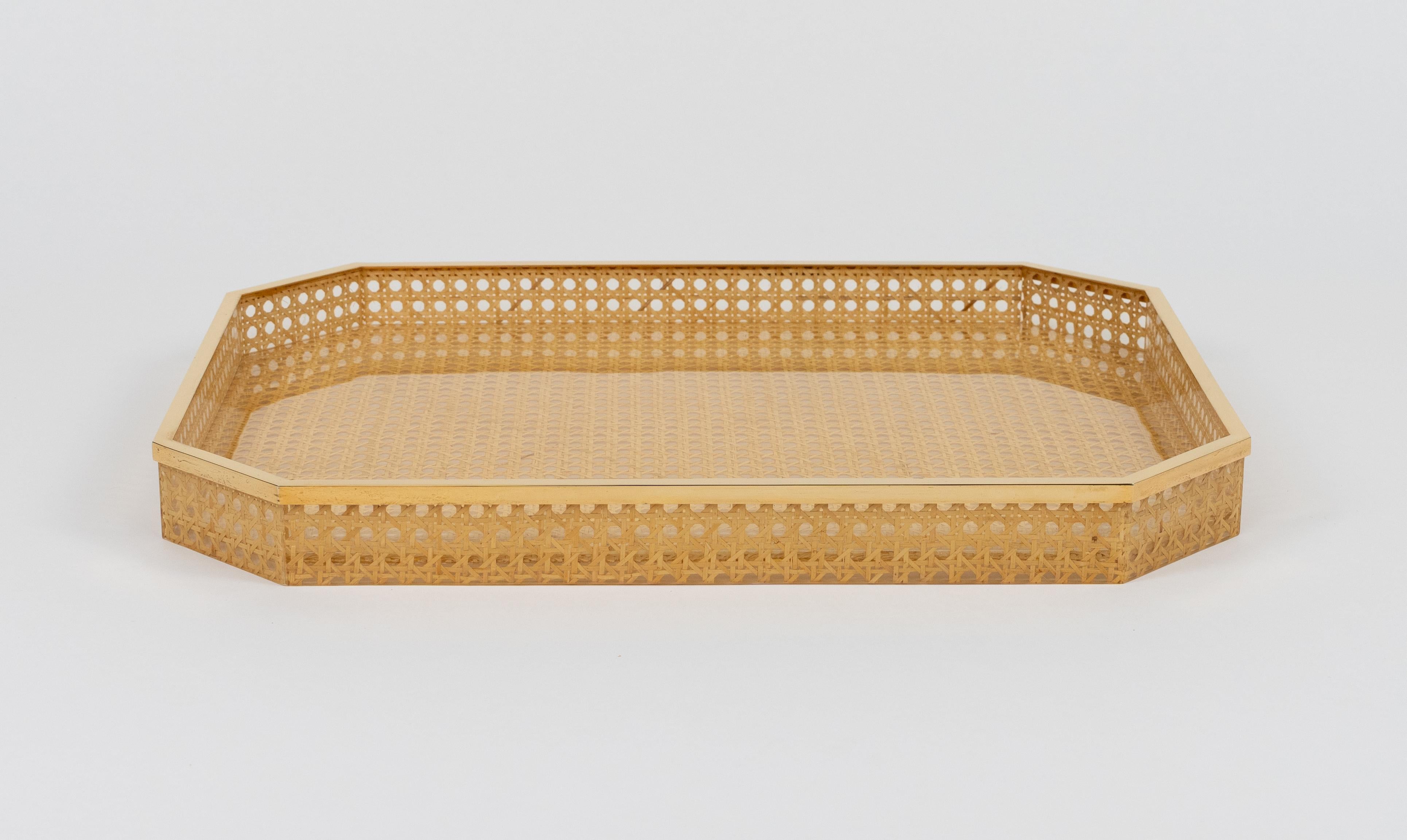 Plateau de service du milieu du siècle dernier, osier et laiton, style Christian Dior, Italie, années 1970 en vente 8