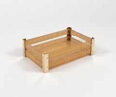 Midcentury Serving Tray Lucite, Wicker & Brass Christian Dior Style, Italy 1970s