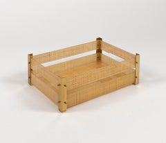 Midcentury Serving Tray Lucite, Wicker & Brass Christian Dior Style, Italy 1970s