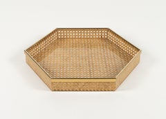 Midcentury Serving Tray Lucite, Wicker & Brass Christian Dior Style, Italy 1970s