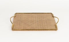 Midcentury Serving Tray Lucite, Wicker & Brass Christian Dior Style, Italy 1970s