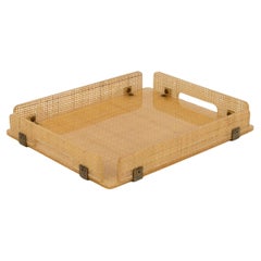 Midcentury Serving Tray Lucite, Wicker 
Brass Christian Dior Style, Italy 1970s