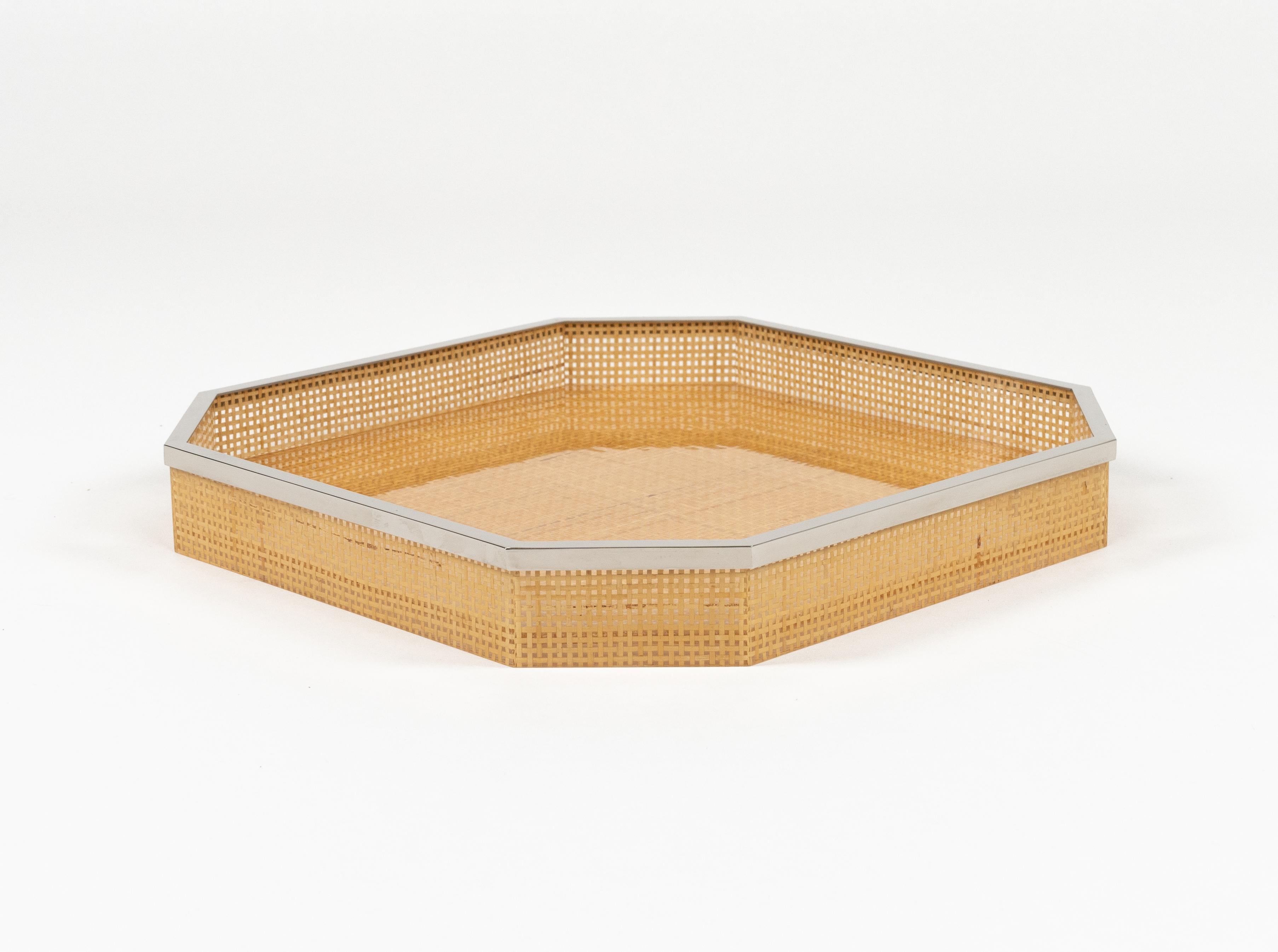 Midcentury Serving Tray Lucite Wicker & Chrome Christian Dior Style, Italy 1970s For Sale 3