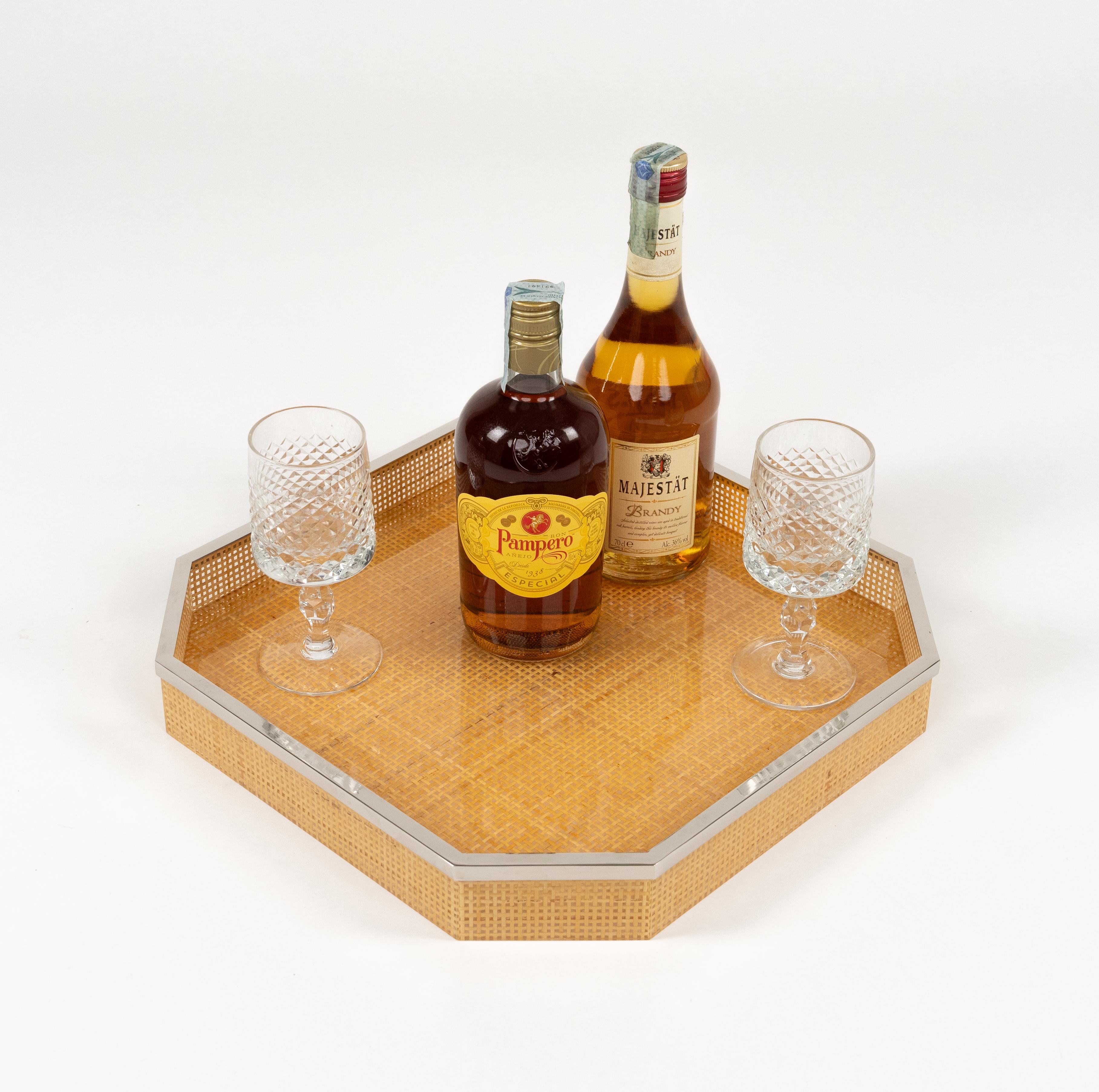 Midcentury Serving Tray Lucite Wicker & Chrome Christian Dior Style, Italy 1970s For Sale 5