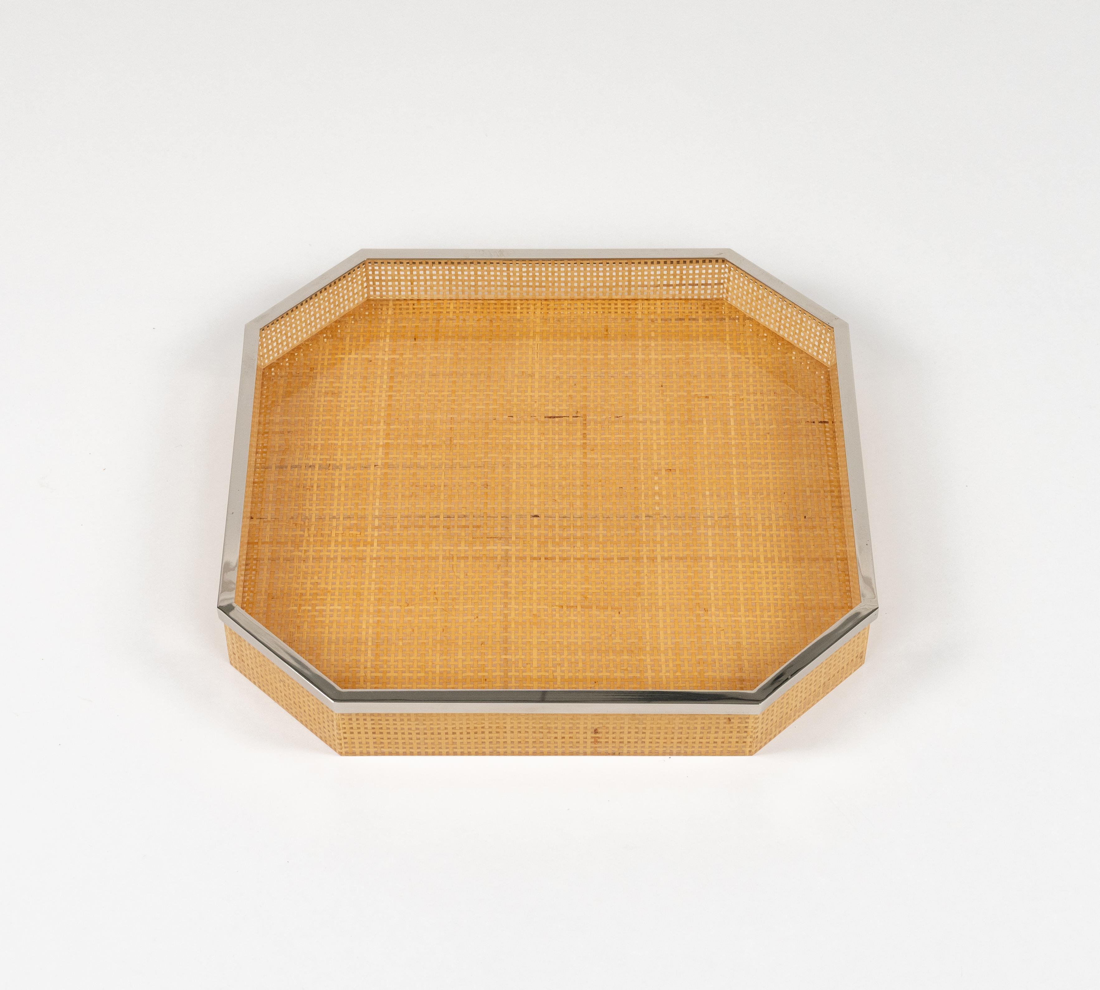 Midcentury Serving Tray Lucite Wicker & Chrome Christian Dior Style, Italy 1970s For Sale 7