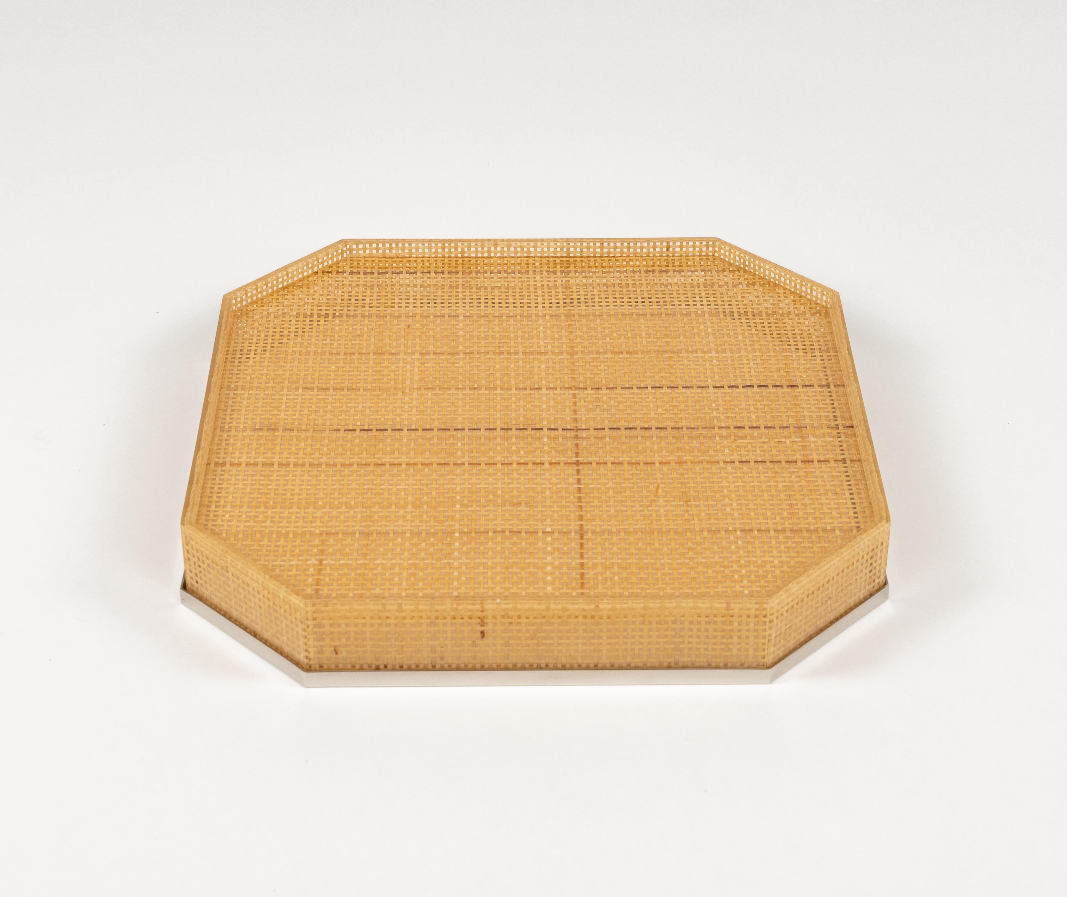Midcentury Serving Tray Lucite Wicker & Chrome Christian Dior Style, Italy 1970s For Sale 8