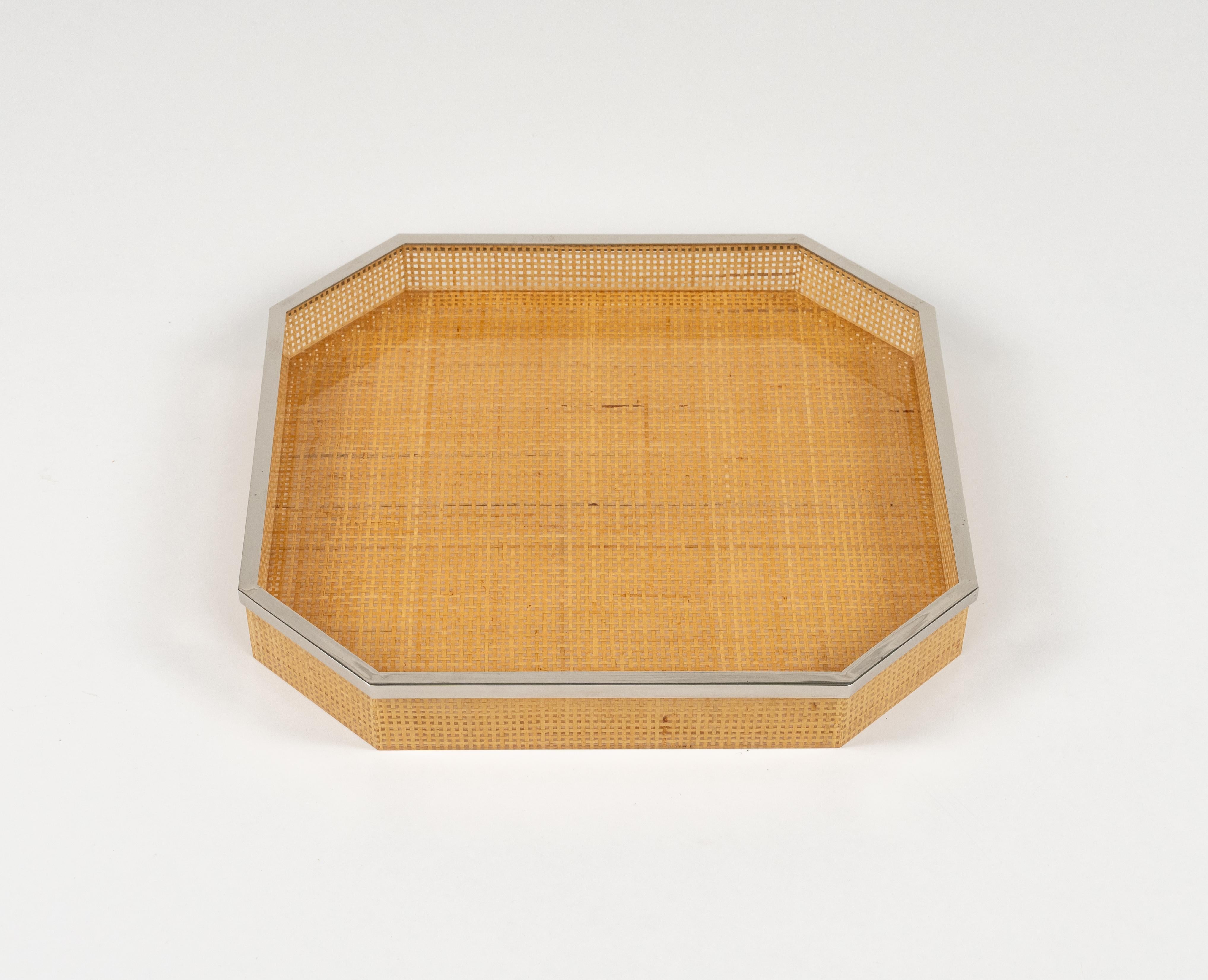 Mid-Century Modern Midcentury Serving Tray Lucite Wicker & Chrome Christian Dior Style, Italy 1970s For Sale