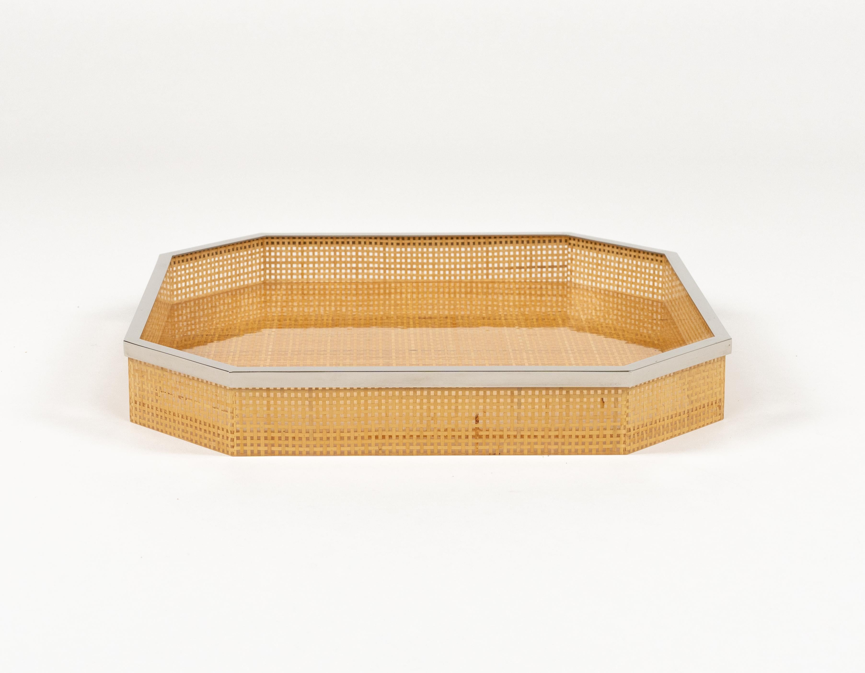 Italian Midcentury Serving Tray Lucite Wicker & Chrome Christian Dior Style, Italy 1970s For Sale