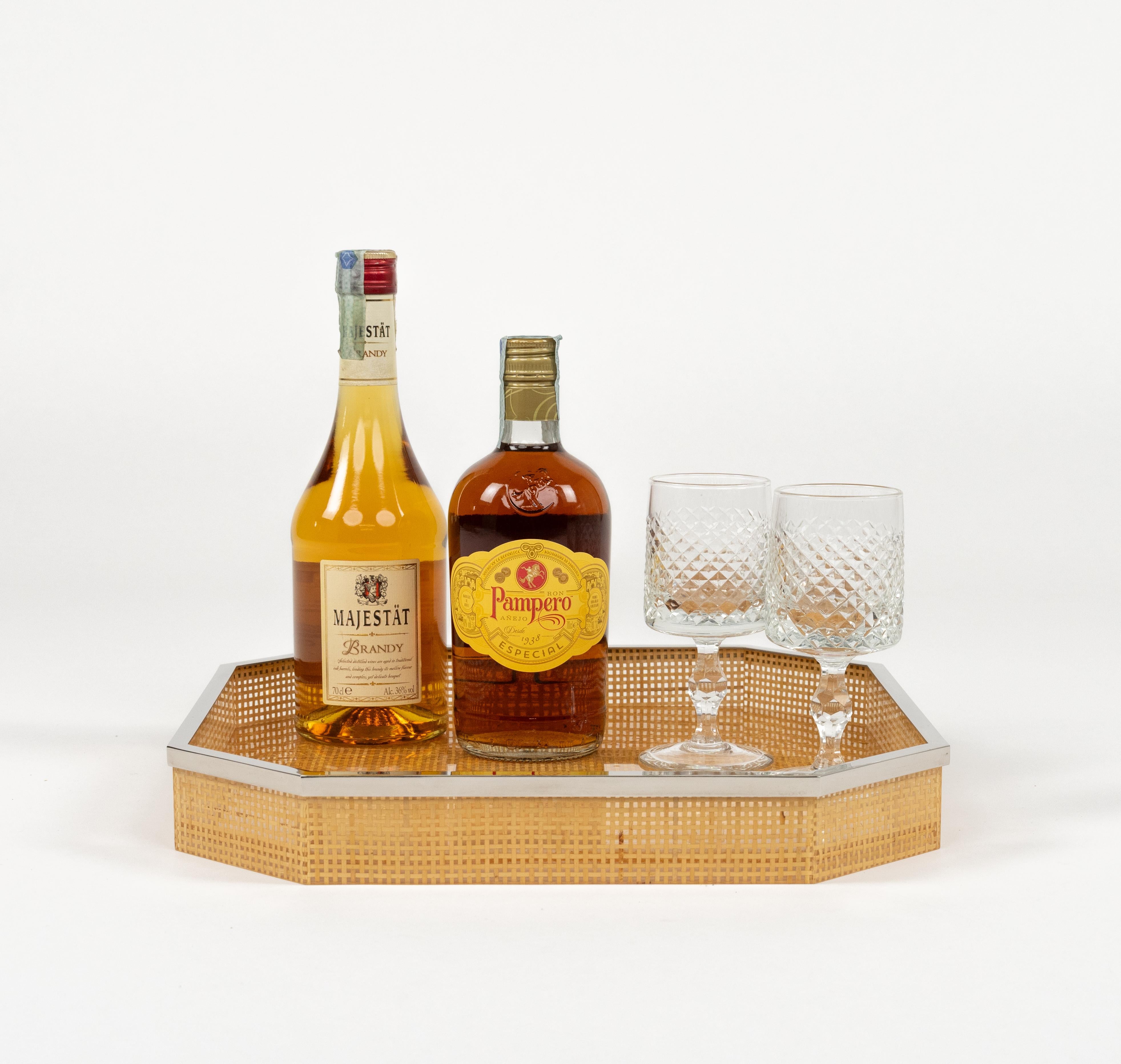 Late 20th Century Midcentury Serving Tray Lucite Wicker & Chrome Christian Dior Style, Italy 1970s For Sale