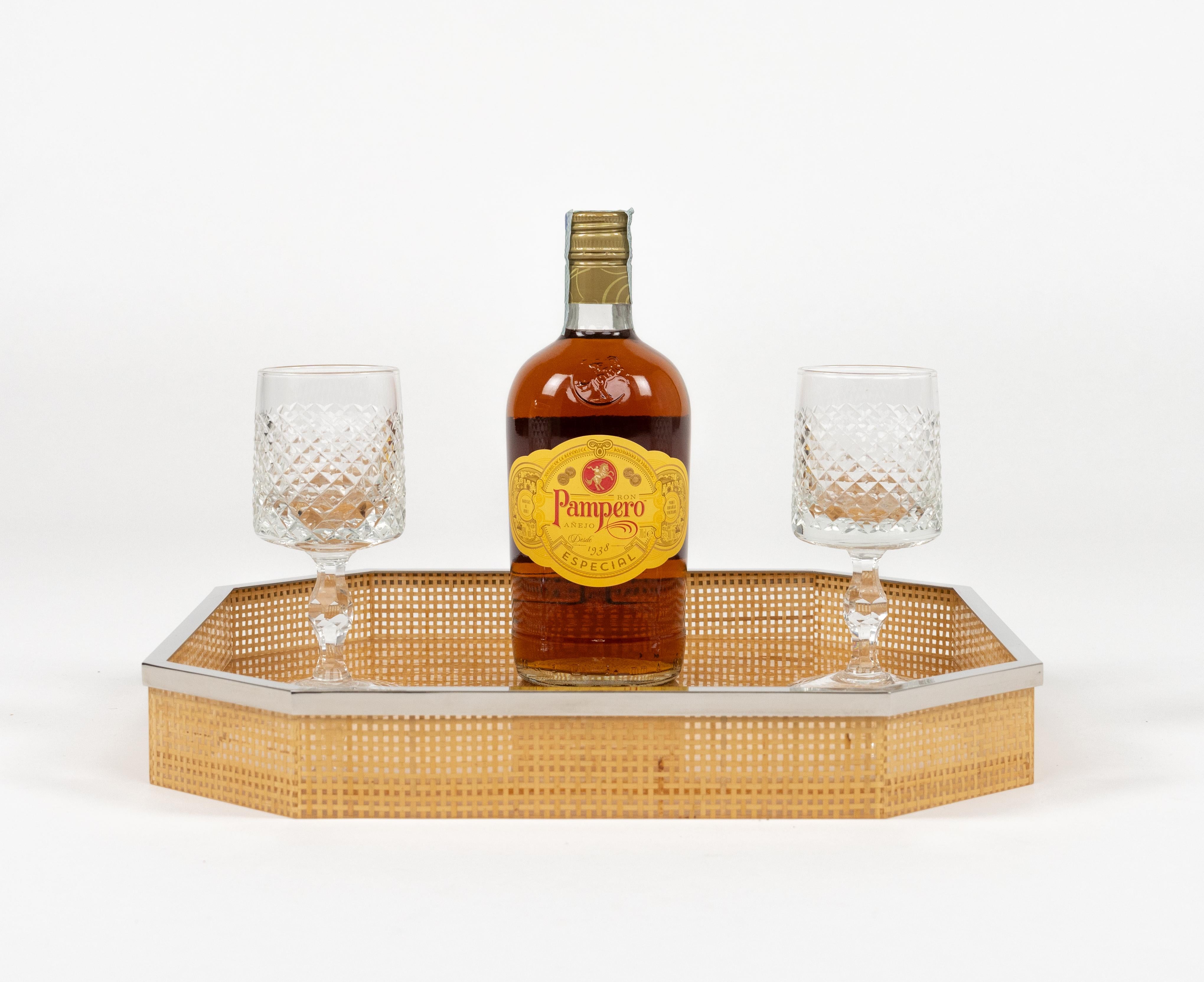 Metal Midcentury Serving Tray Lucite Wicker & Chrome Christian Dior Style, Italy 1970s For Sale