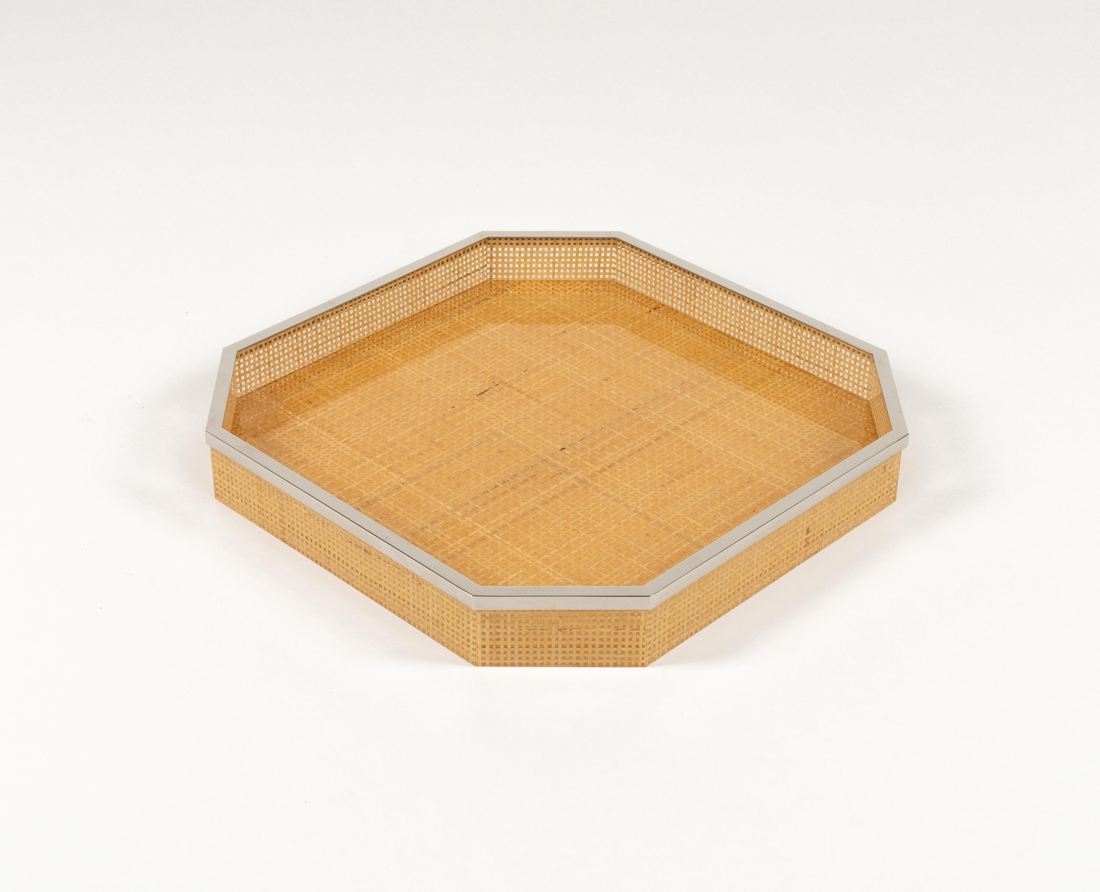 Midcentury Serving Tray Lucite Wicker & Chrome Christian Dior Style, Italy 1970s For Sale 2
