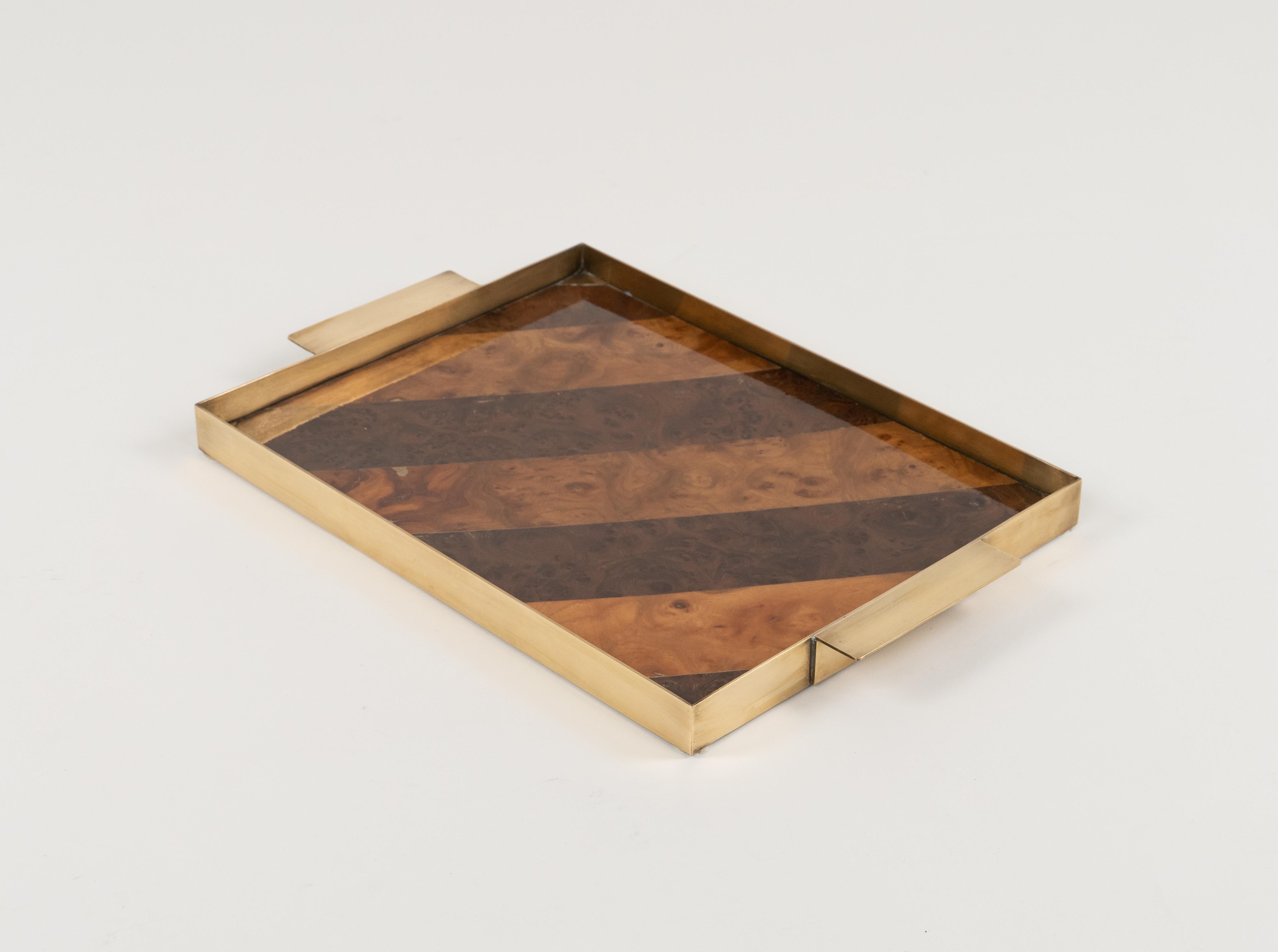 Midcentury Serving Tray Wood and Brass Tommaso Barbi Style, Italy 1960s For Sale 3