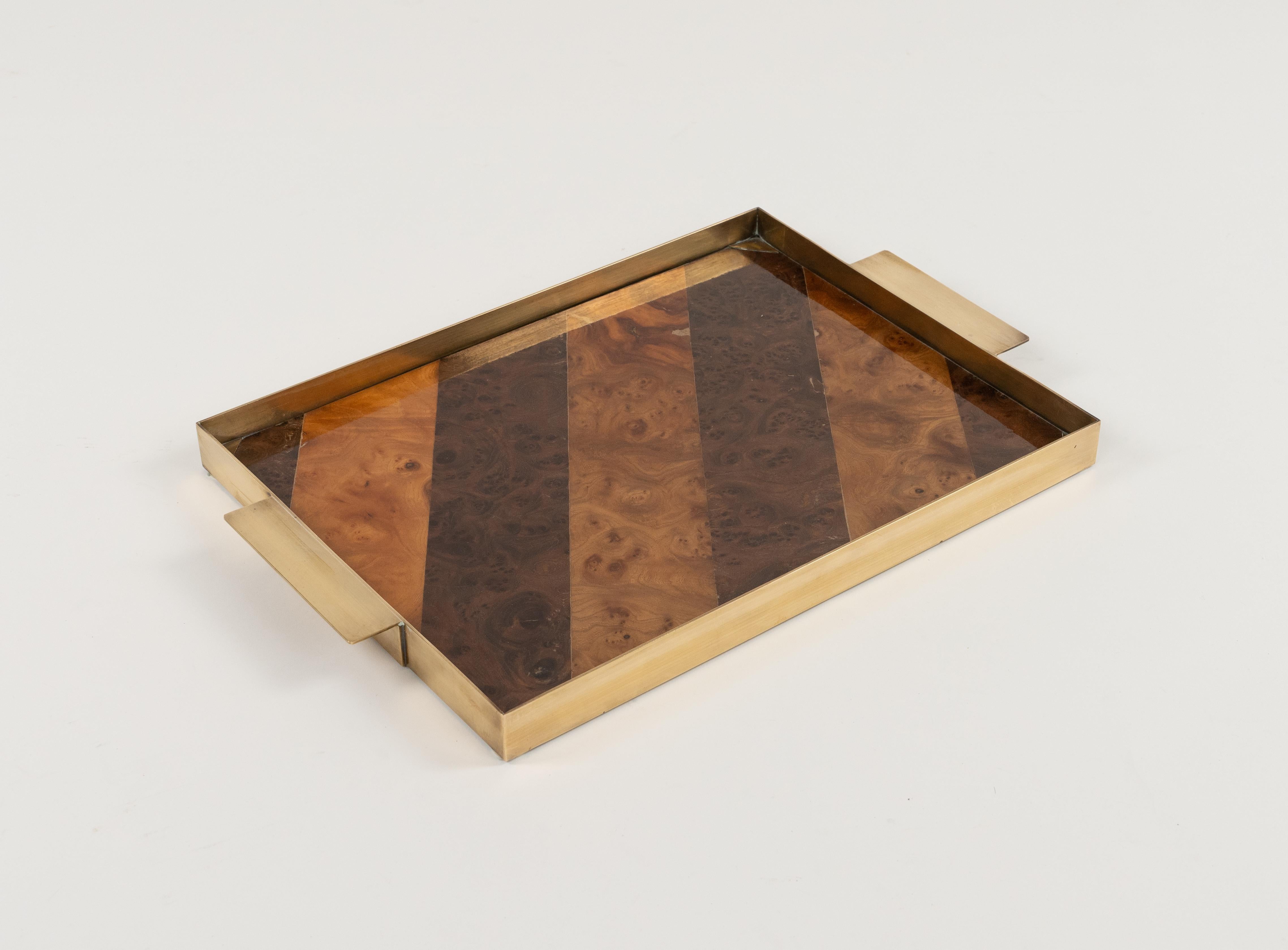 Midcentury Serving Tray Wood and Brass Tommaso Barbi Style, Italy 1960s For Sale 9