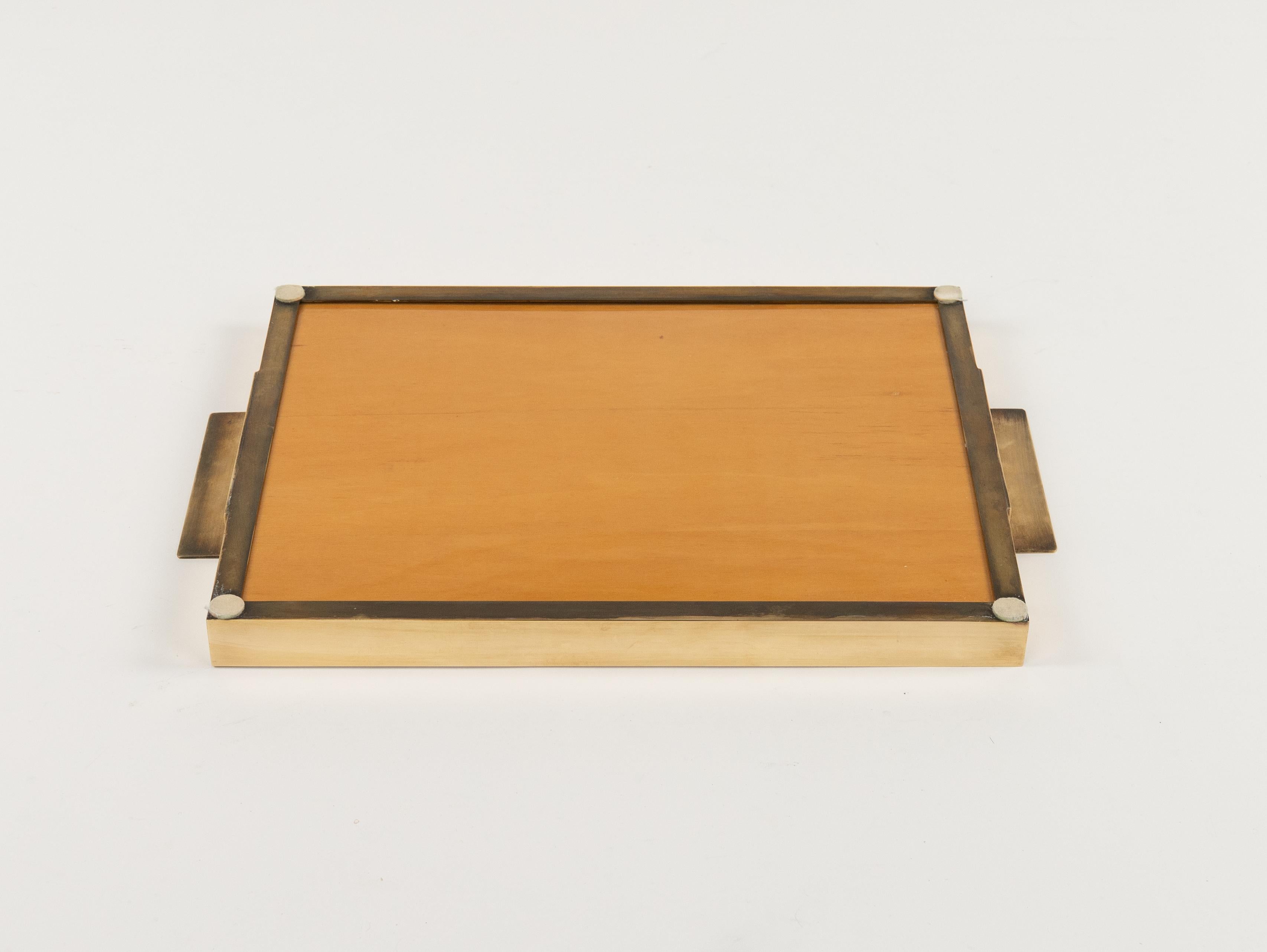 Midcentury Serving Tray Wood and Brass Tommaso Barbi Style, Italy 1960s For Sale 11