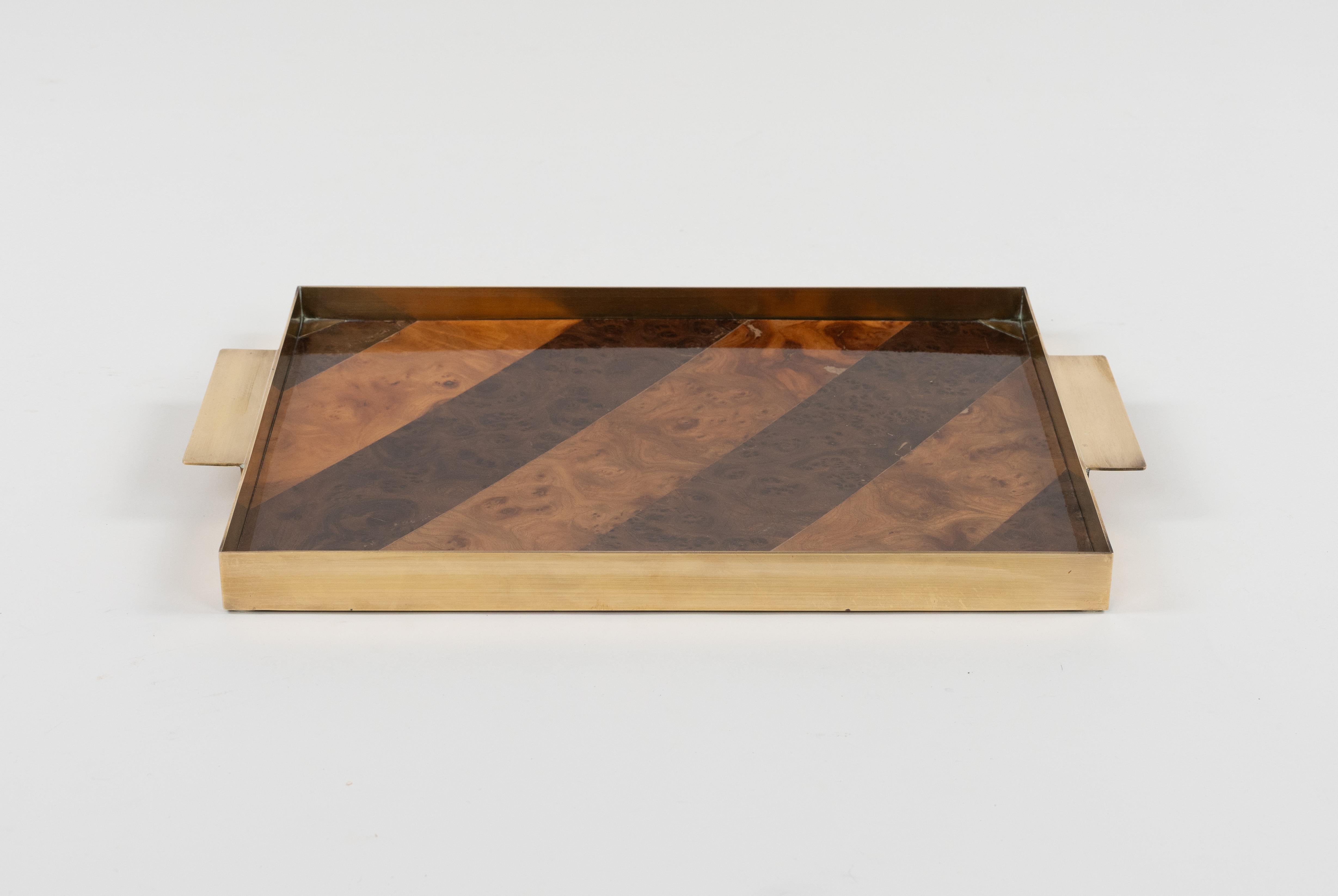 Midcentury Serving Tray Wood and Brass Tommaso Barbi Style, Italy 1960s In Good Condition For Sale In Rome, IT