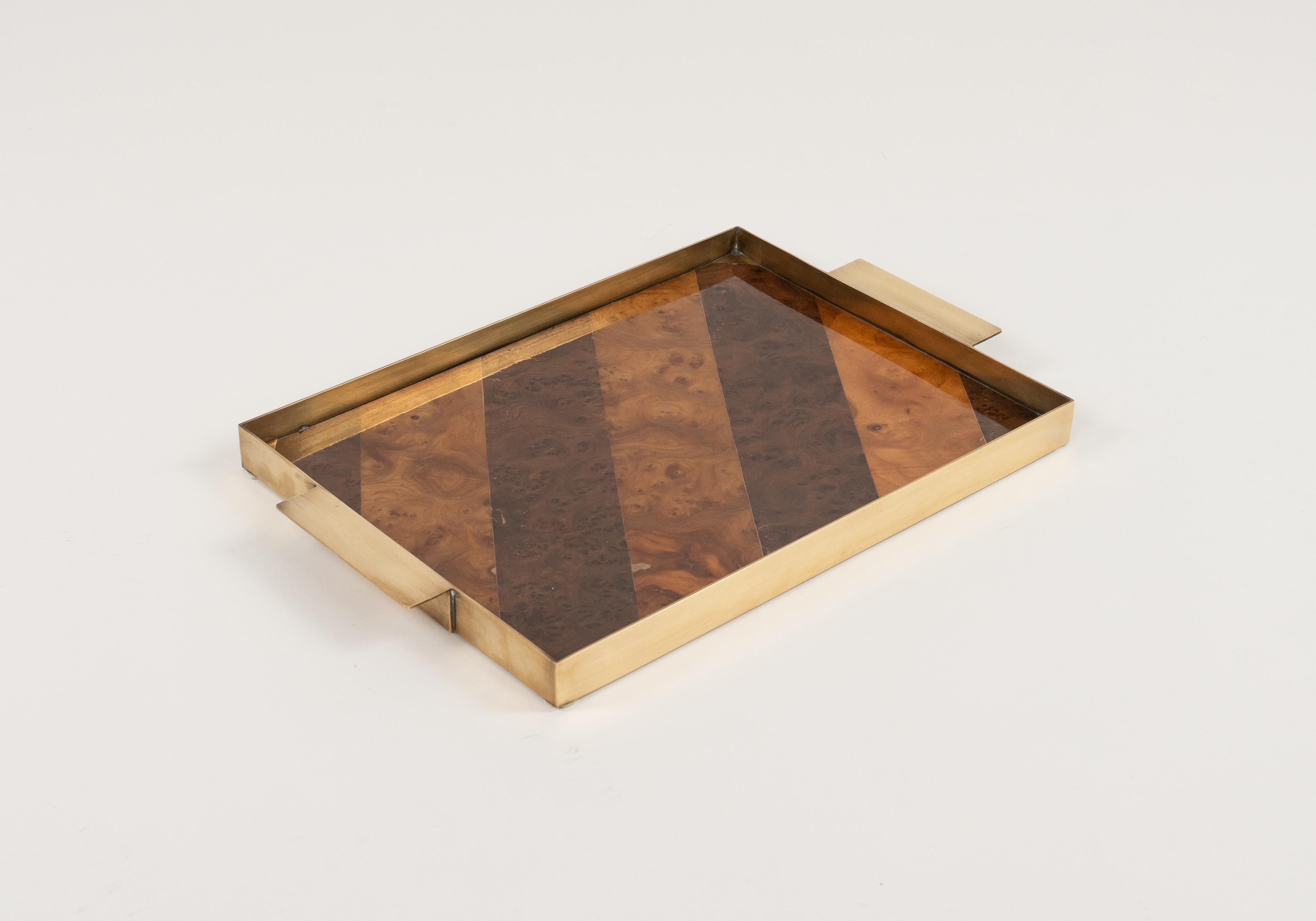 Mid-20th Century Midcentury Serving Tray Wood and Brass Tommaso Barbi Style, Italy 1960s For Sale