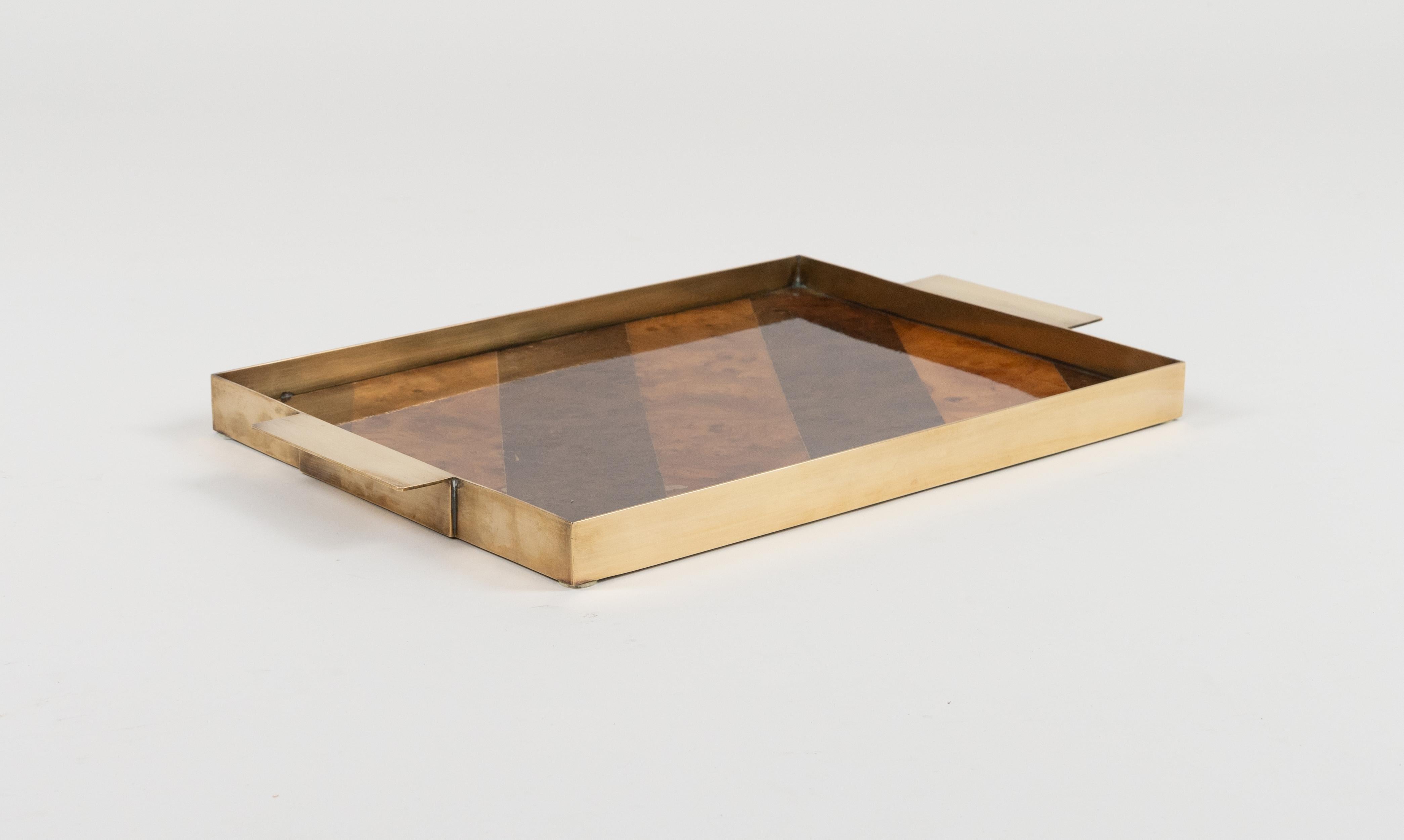 Metal Midcentury Serving Tray Wood and Brass Tommaso Barbi Style, Italy 1960s For Sale